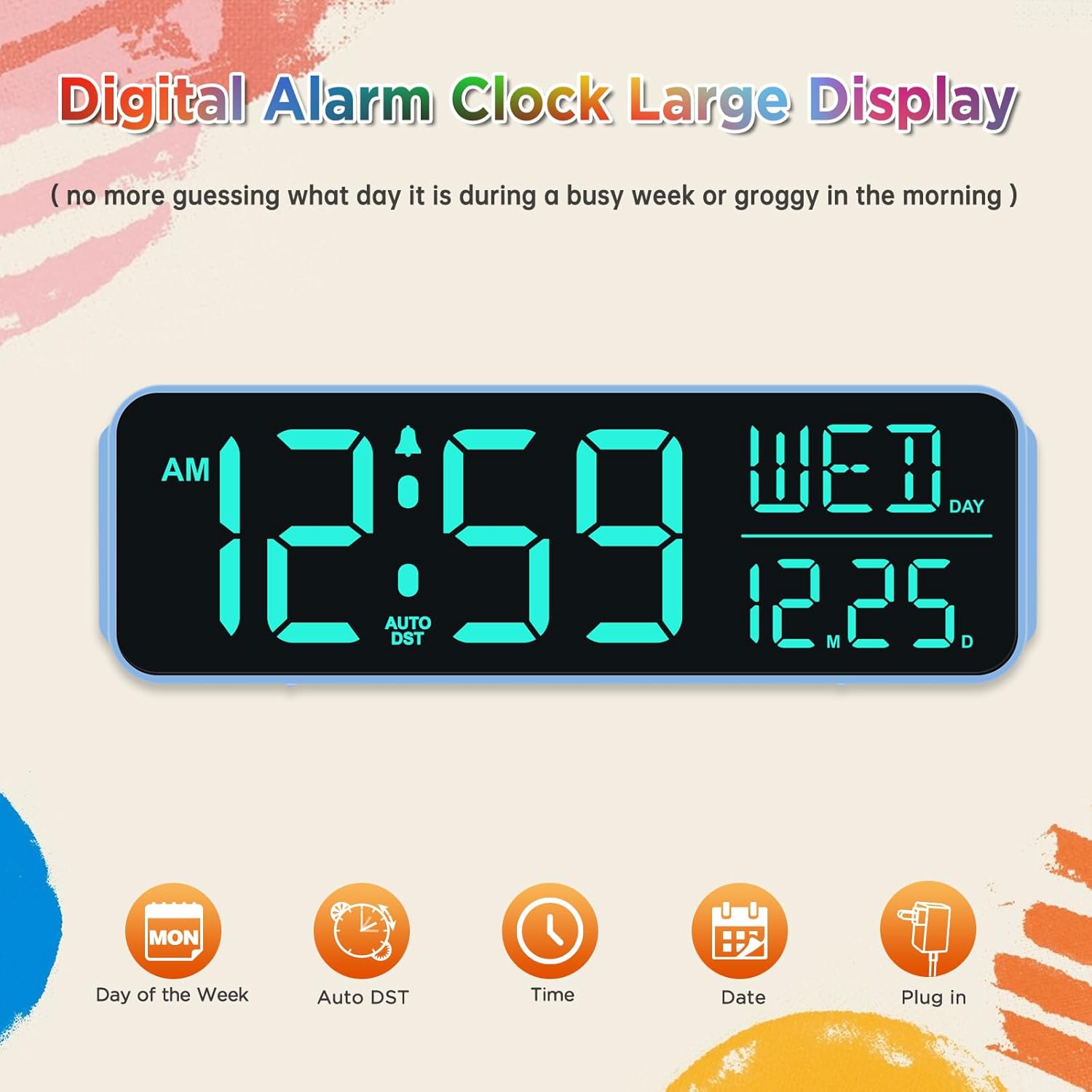 Peakeep Loud Digital Alarm Clock Large Display for Bedrooms with Date, Day of Week, Auto DST, Desk Clock Electric Plug in for Living Room, Battery Backup, USB Port, 5 Dimmers