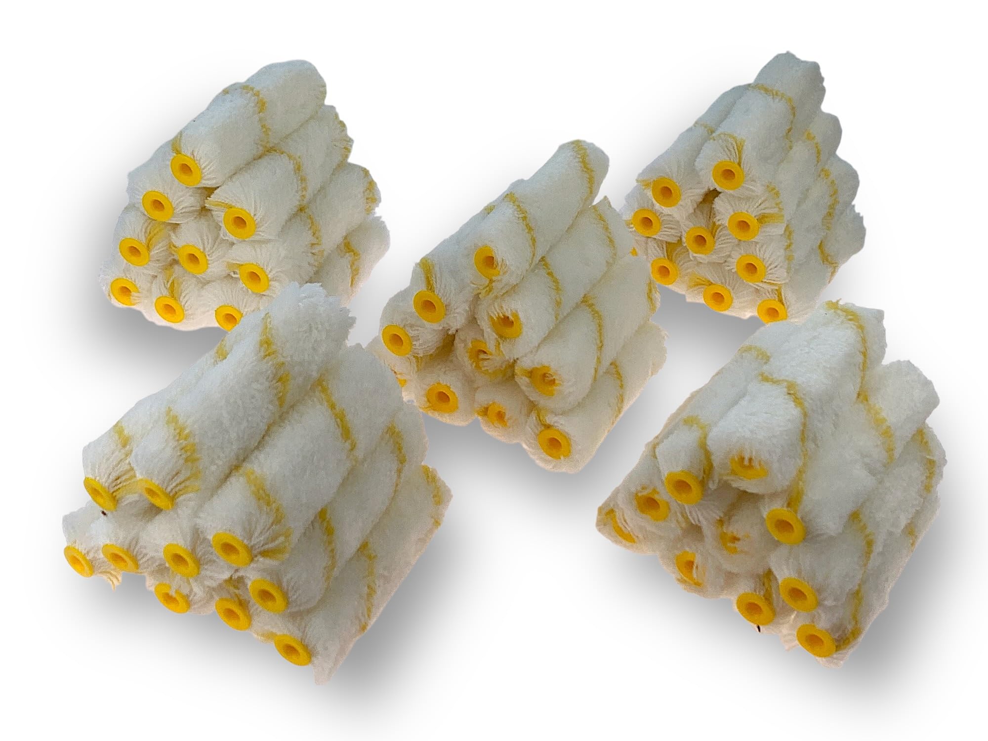 Pack 50 manchons mini rouleaux pattes de lapin rayées jaune | Polyamide 100 mm | Peinture plinthes radiateurs surfaces plates coques bateaux | Kibros 4KIT741x5