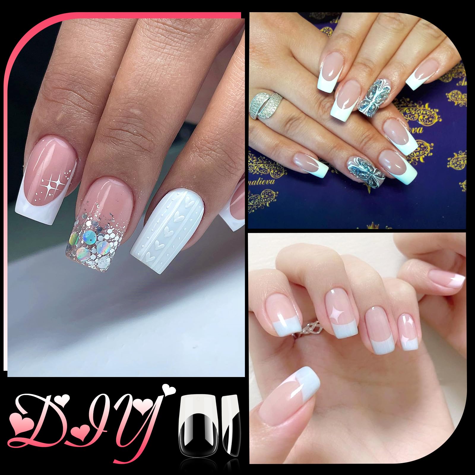 Weiße French Tip Press on Nails, 120 Stück quadratische Nagelspitzen kurze French Tip Nägel, klare Acrylnägel drücken auf volle Abdeckung künstliche Nägel