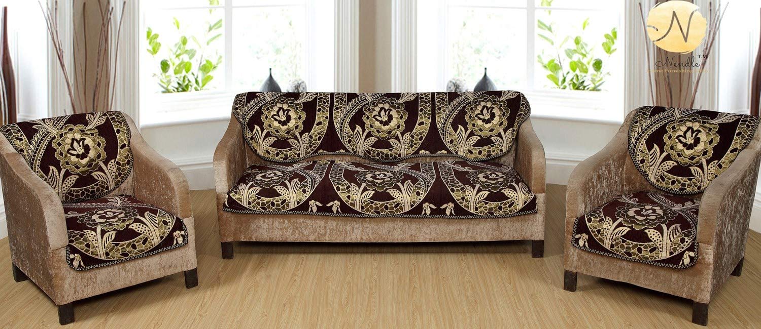 Nendle Soft Smooth Solid Fabric with Floral Design 5 Seater Velvet Sofa