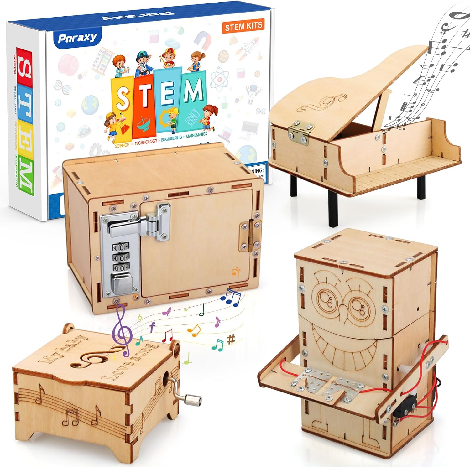 Poraxy 4 Set STEM Kits for Kids Ages 8-10 10-12, Toys for Ages 8-13, Music Box, Robot 3D Puzzle Educational Science Building Projects Crafts, Birthday Gifts for Boys Girls 7 8 9 10 11 12 13 Year Old