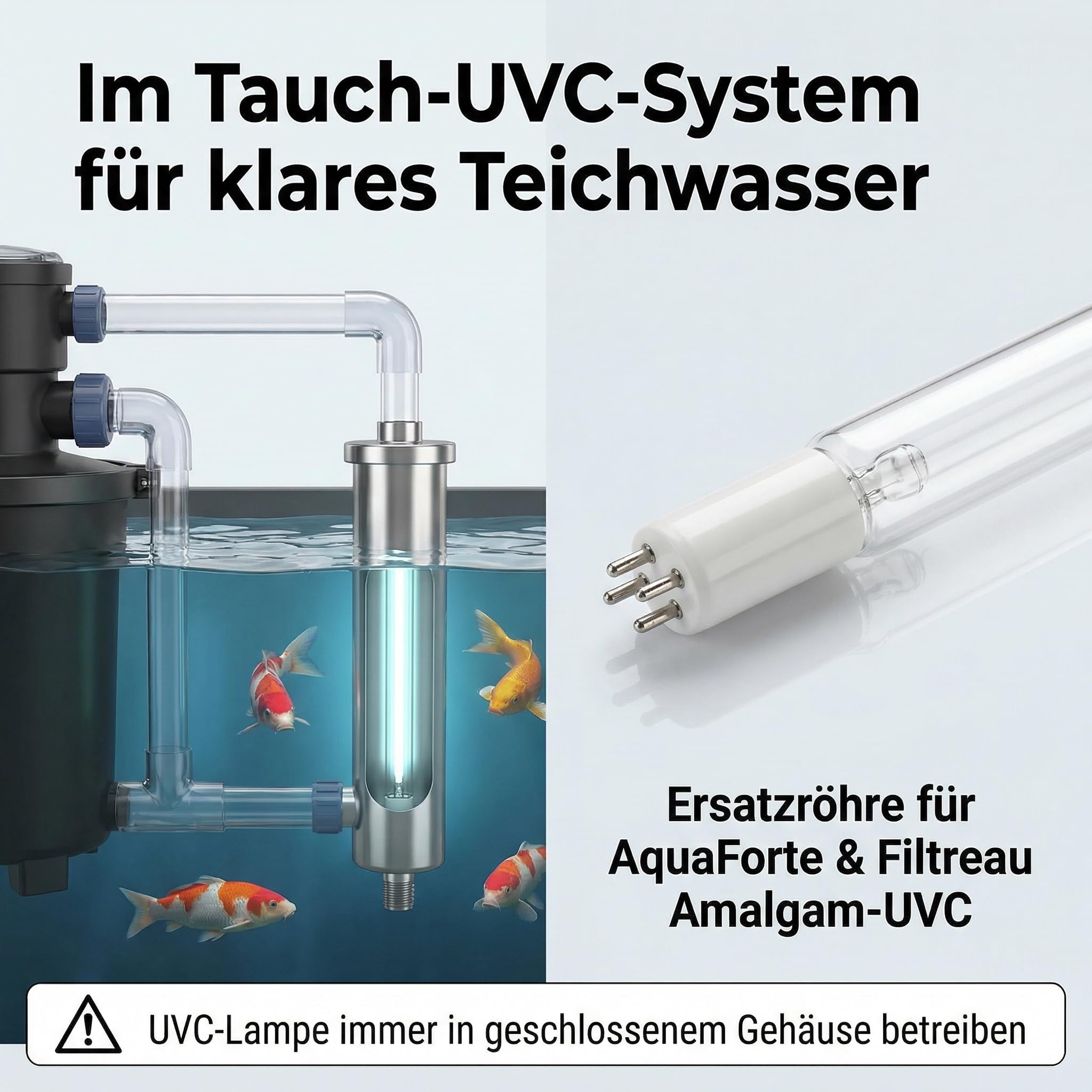 Pondlife Tauch-UVC Amalgam Ersatzröhre 80W, UVC Lampe für Teich, Sockel T5 4‑Pin (Base C), Baulänge inkl. Pins 65,7 cm, Ø 17–18 mm, ca. 16.000 h Brenndauer