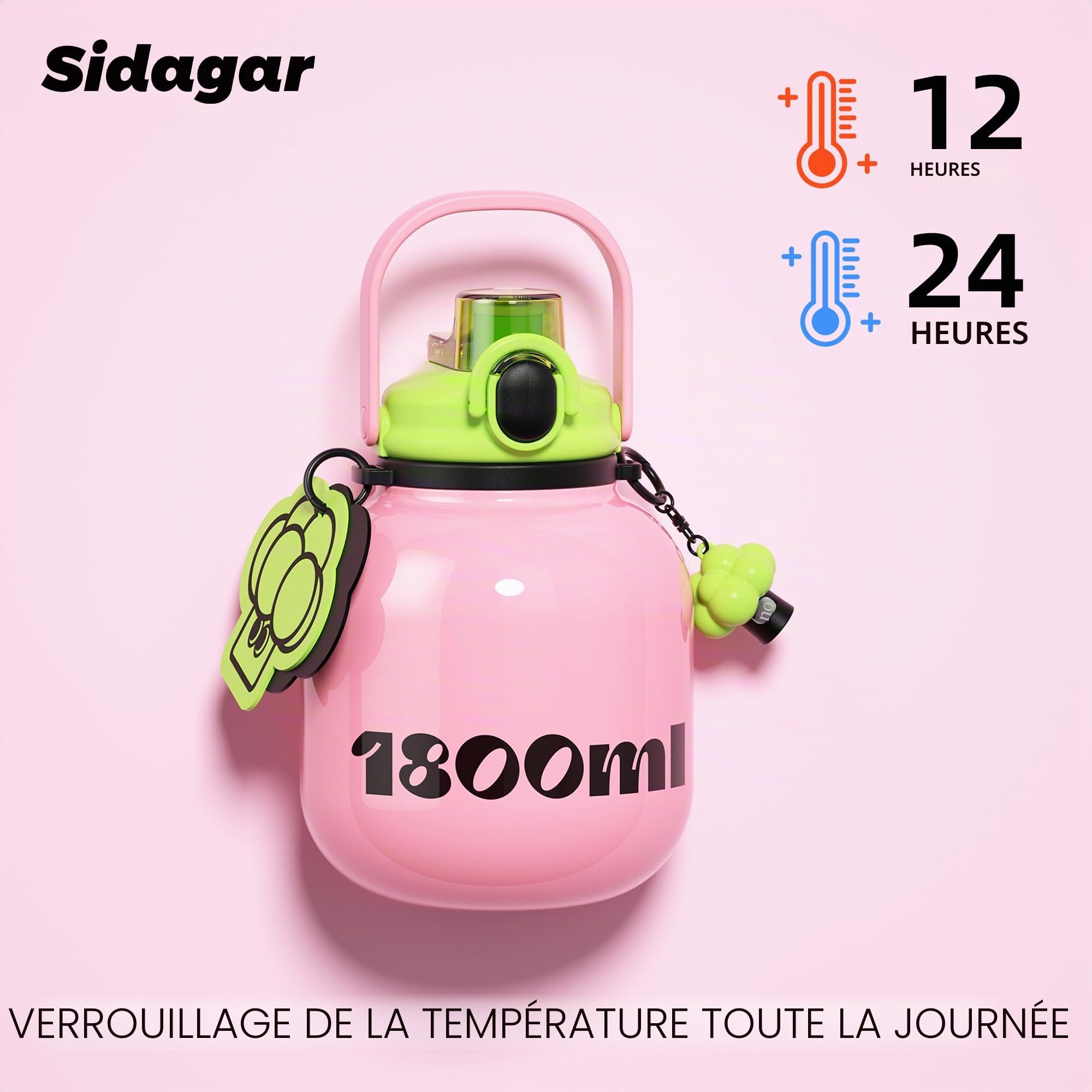 Gourde Isotherme 1,8L avec Paille et Poignée, Bouteille d’Eau Inox avec Bandoulière, Grande Capacité, Anti Fuite, Idéale Sport, Bureau et Déplacements, Rose Poudré