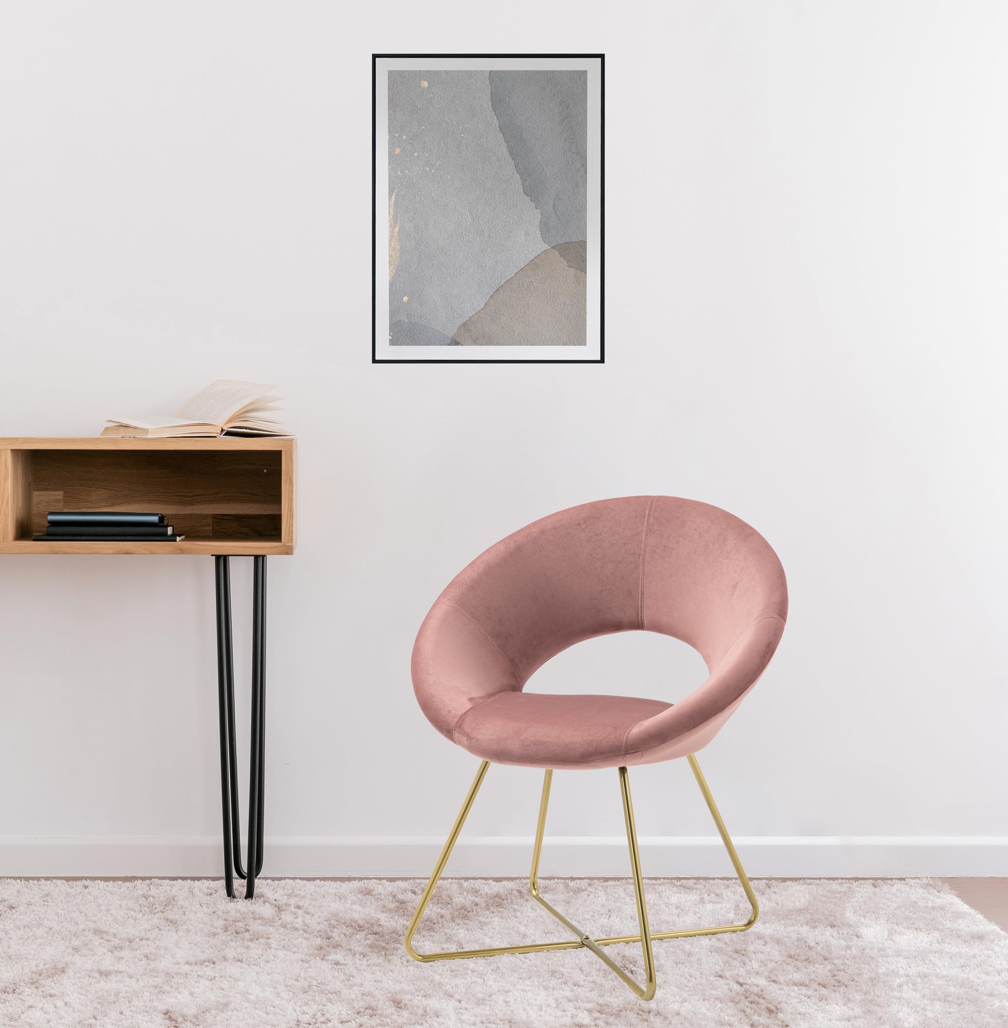 Poltrona Tonda Camera da Letto in Velluto Design Moderno, Sedia Imbottita Circolare con Gambe in Metallo Placcato Oro - Poltroncina per Salotto con Seduta Morbida Modello Grace - Rosa antico