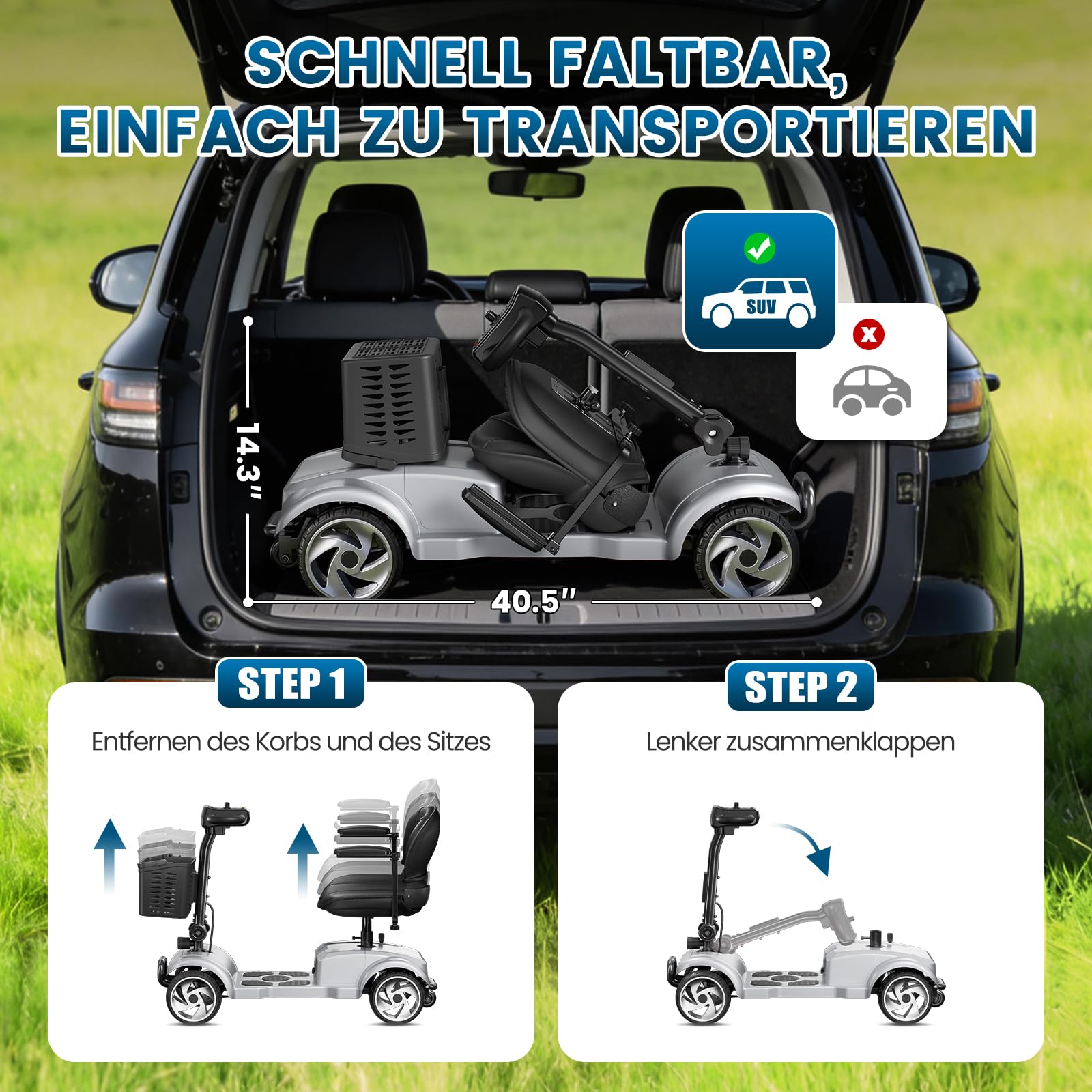 Seniorenmobil 4 Rad Klappbar Elektromobil für Senioren und Erwachsene 12AH Akku Elektrische Gehhilfe 20km Reichweite Faltbares Elektromobil mit Sitz und Korb bis 150kg für Privatgebrauch, Silber