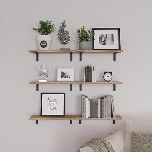 Miniatura 6 de WOPITUES Juego de 6 Estantes Flotantes de Madera, Estantes para Decoración de Pared, Estante de Estilo Rústico para Dormitorio, Estantes de