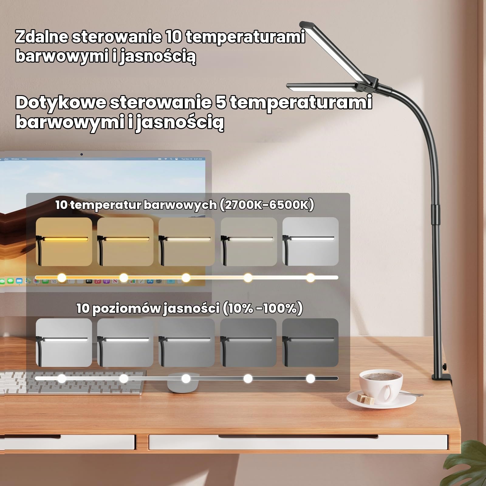 Euakee Lampa biurkowa LED z podwójnym głowicem, 80 cm, 24 W, możliwość ściemniania, lampa zaciskowa do home office, lampa chroniąca oczy, światło dzienne z pilotem, 10 kolorów, 10 poziomów jasności