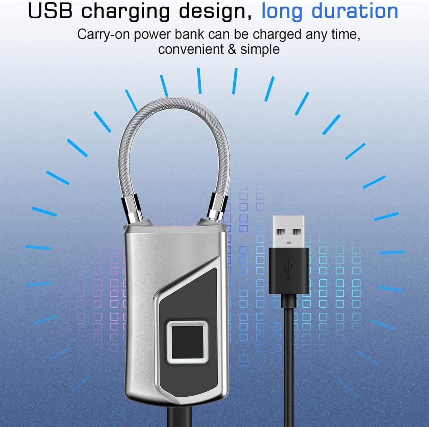Candado sin llave con huella dactilar, Candado de huella digital Llave de reconocimiento de 360° Copia de seguridad USB recargable 32x90x17 mm