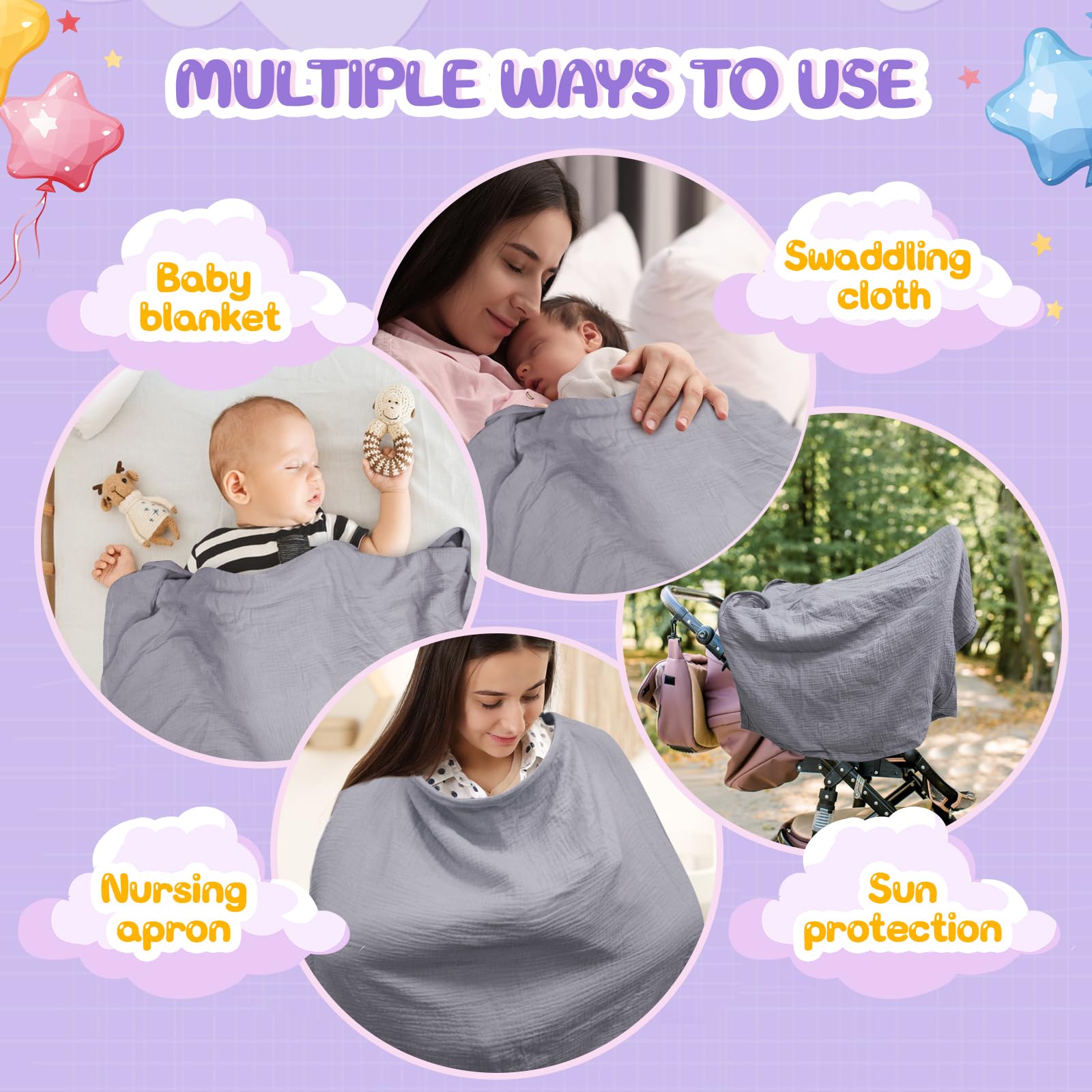 Cape Allaitement Bébé 100% Coton avec Serviette, Doux Respirant Sangles Réglables Gris