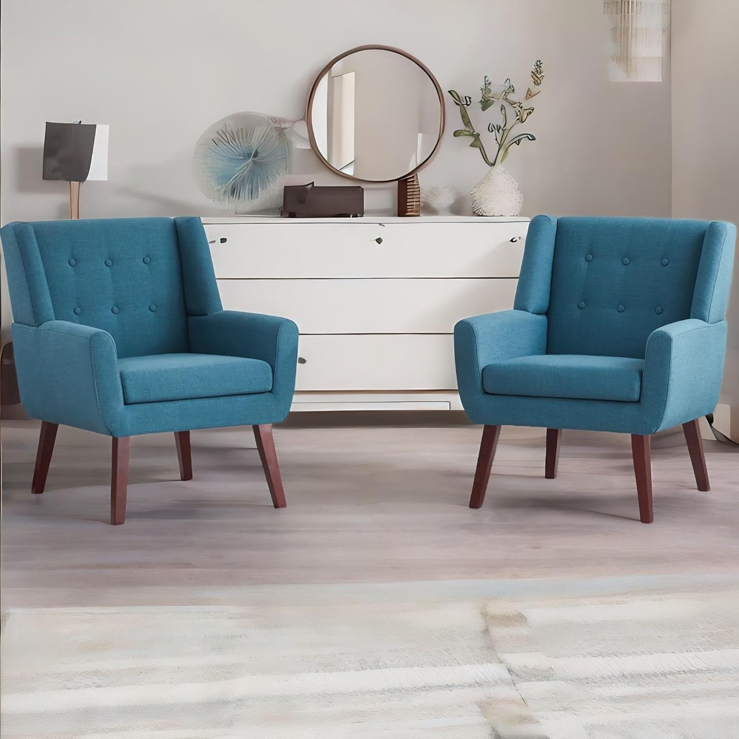 HUIMO Accent Chair Set of 2, Upholstered Button Tufted Armchair, Linen Fabric Sofa Chairs for Bedroom, Living Room, Mid Century Modern Comfy Reading Chair (2,Lake Blue)