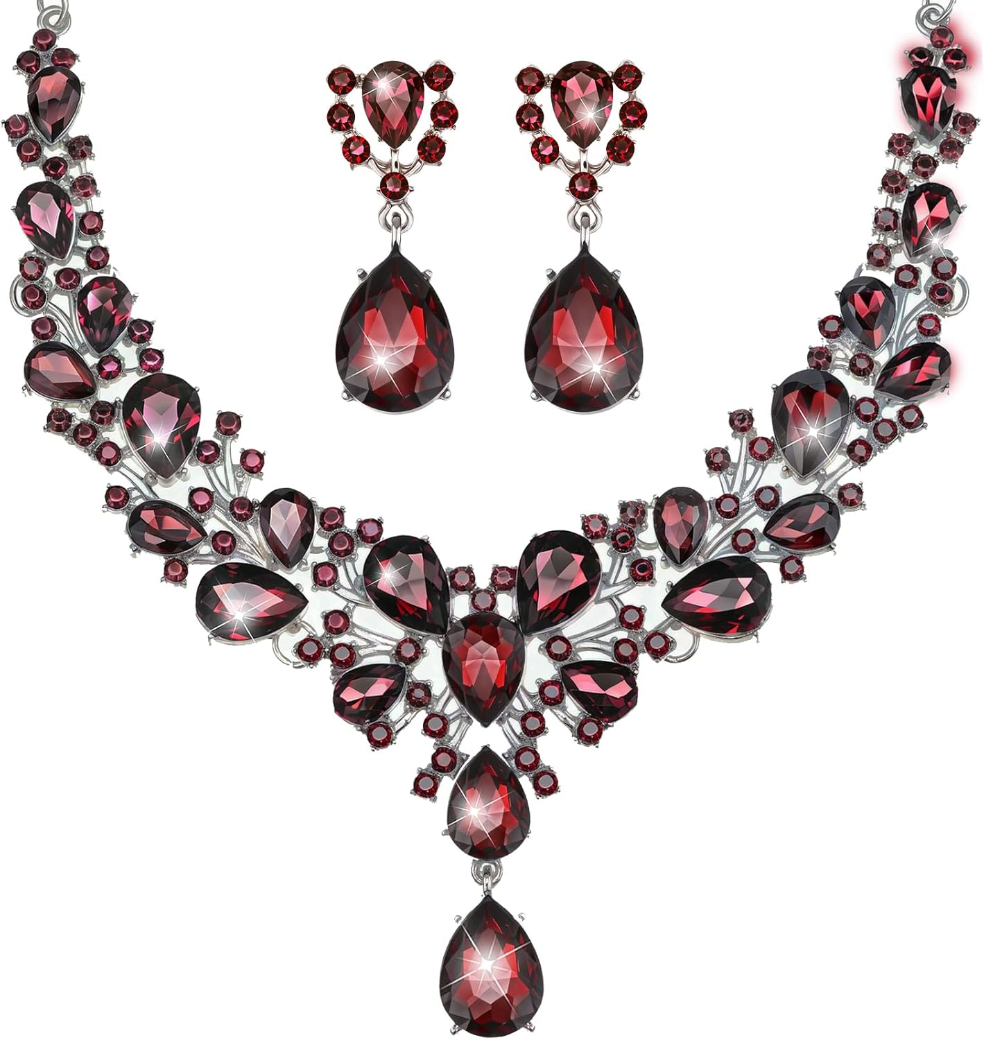 Hicarer Bridal Teardrop Cluster Crystal Jewelry Set for Women Necklace Earrings Wedding