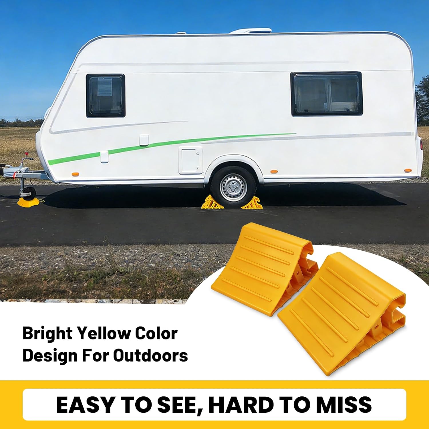 HOXWELL 1 Pair Wider Wheel Chocks with Rope for Travel Trailers, Non Slip Yellow Wheel Chock, Lightweight Wheel Stoppers for Cars Camper Trucks RVs, Easy to Carry, 2Packs
