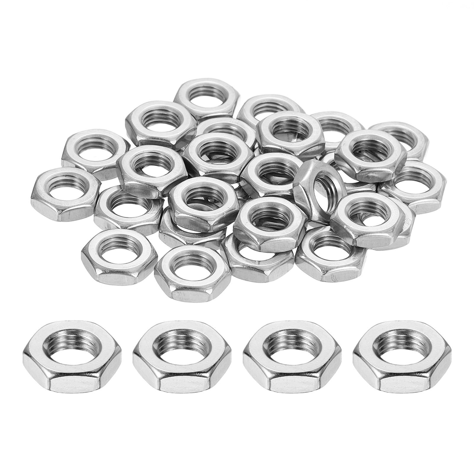 sourcing map M10x1.25mm Hex Nuts, 36Pcs 304 Stainless Steel Metric Fine Thread Hexagon Lock Nuts Fasteners for Machinery Automotive Industrial Use, 16mm / 0.63" Width 5mm / 0.2" Height