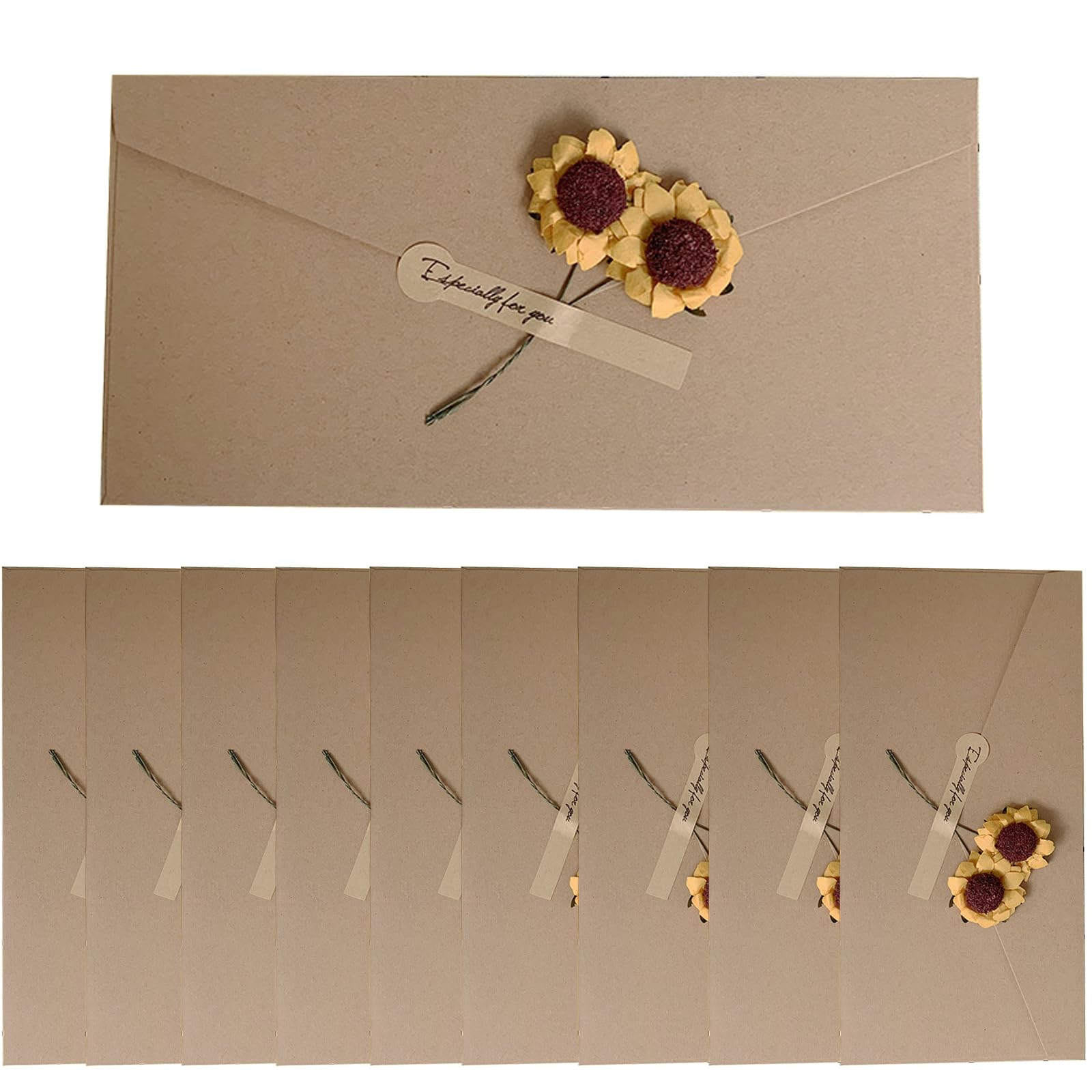 10PCS Retro Kraft Paper Gift Envelopes with Handmade Dried Flower Blank Long Invitation Envelopes V Flap Money Envelope with Sticker Handmade Paper Fancy Envelope for Wedding Festival Party