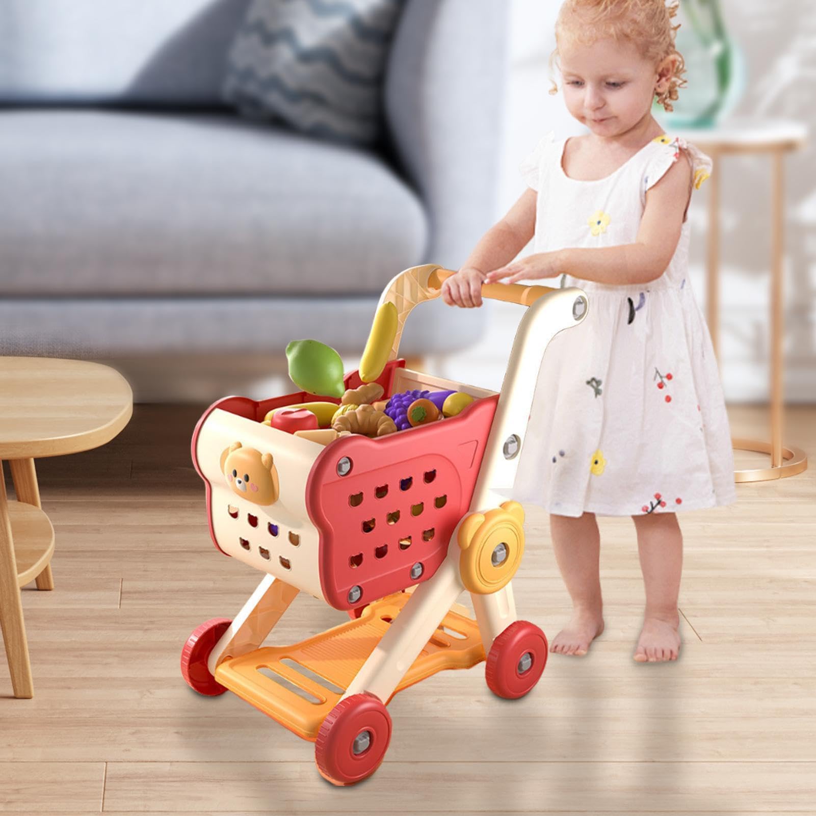 Spielzeug Einkaufswagen Set - Rot Gelb Bärenwagen ABS, Interaktives Supermarkt Kinderwagen Lernspielzeug, Inklusive 15 Teiliges | Robusti Lauflernhilfe Spielzeug Fuer Kleinkinder Ab Drei Jahren