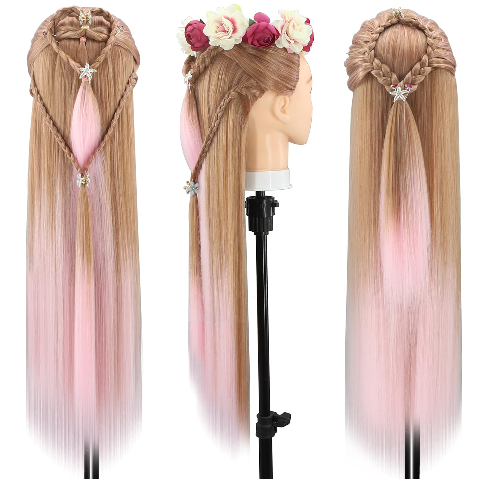 Trainingsköpfe, 28 Zoll Frisierkopf für Friseure, 100% Kunstfaser Haar Übungskopf, mit DIY Strickset und kostenlosen Tischklammern (30-Pink)