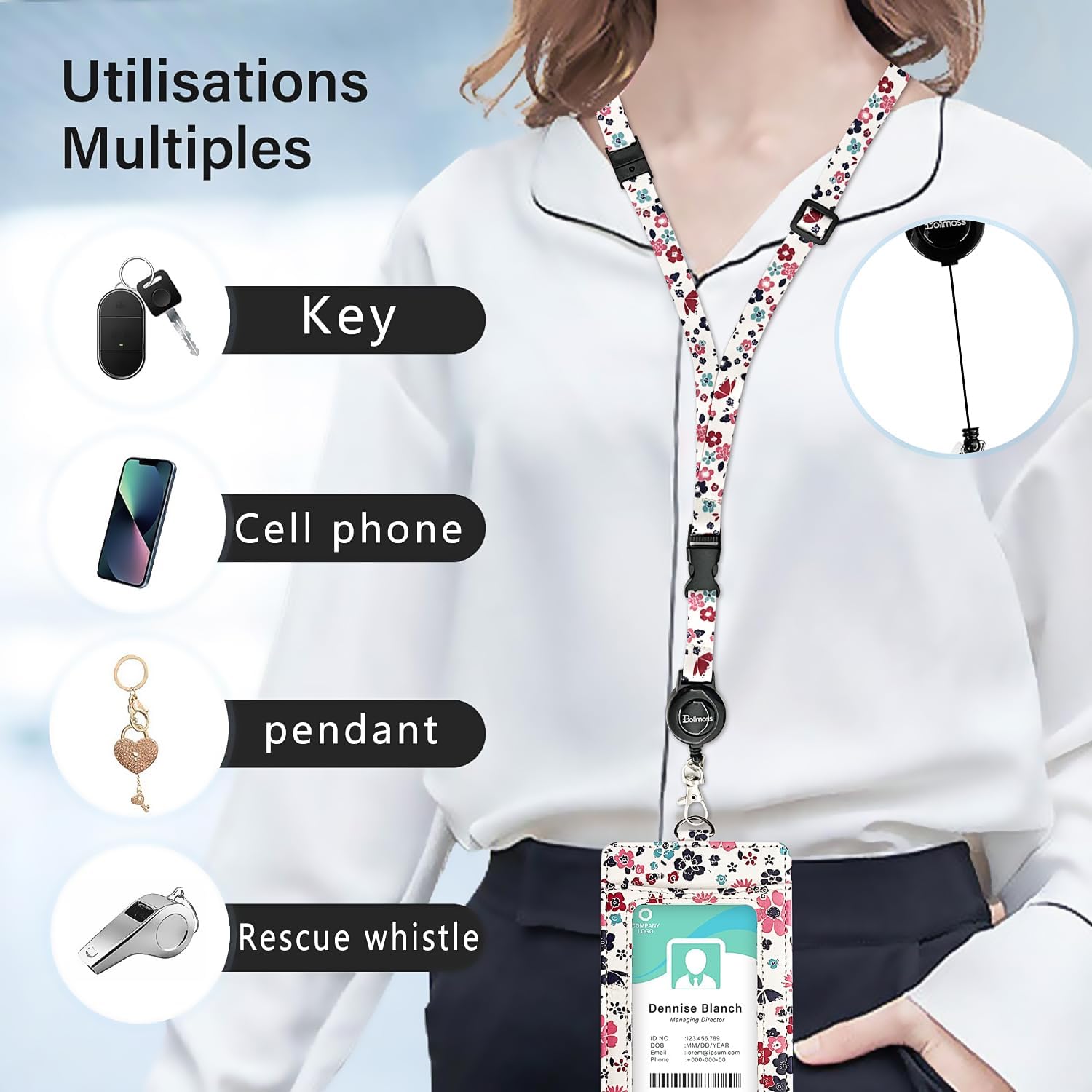 bolimoss ID Badge Holder with Adjustable Lanyard and Retractable Reel, Cute Flower Leather Card Name Tag Lanyard Vertical ID Protector Bage Clips for Nurse Doctor Teacher Student - Image 6