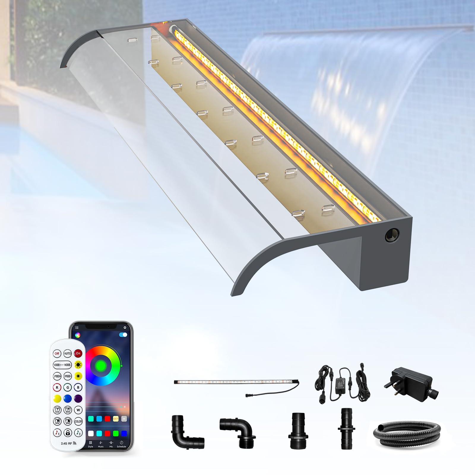 LONGRUN 90cm Pond Waterfall Blade Kit, Acrylic Curved Waterfall Feature Spillway, Outdoor Pool Fountain with 7 Colors Bluetooth LED Lights and Remote Control, Width 26cm — image 1