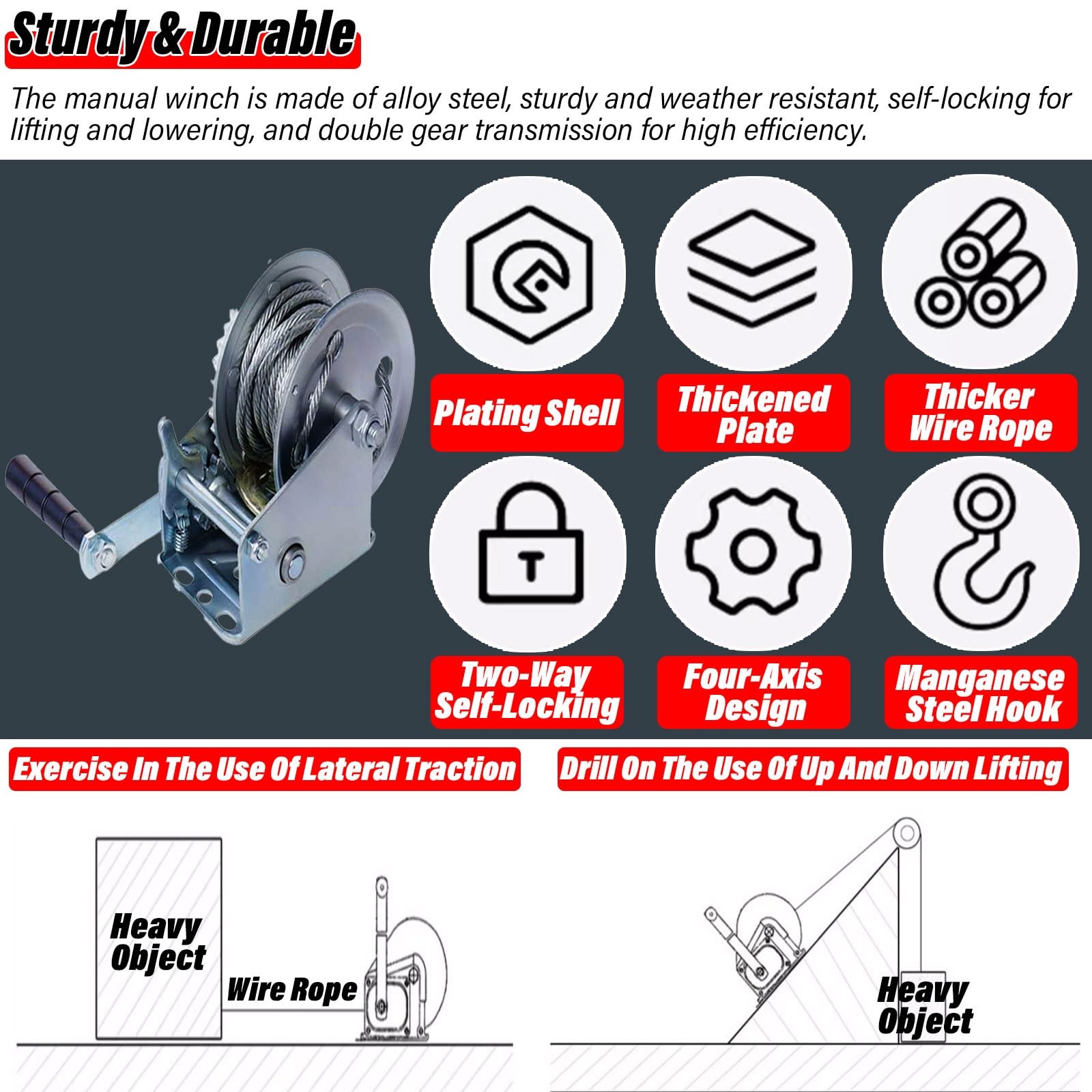 Verricello Manuale Barca Trailer Winch 3000lbs Mano Winch Heavy Duty Gancio Con 25m/82ft Cinghia Nera Manovella Ratchet Winch E Rapporto 4:1/8:1 Gear 2 Velocità Commutabile 2 Vie ( Color : Silver , Si