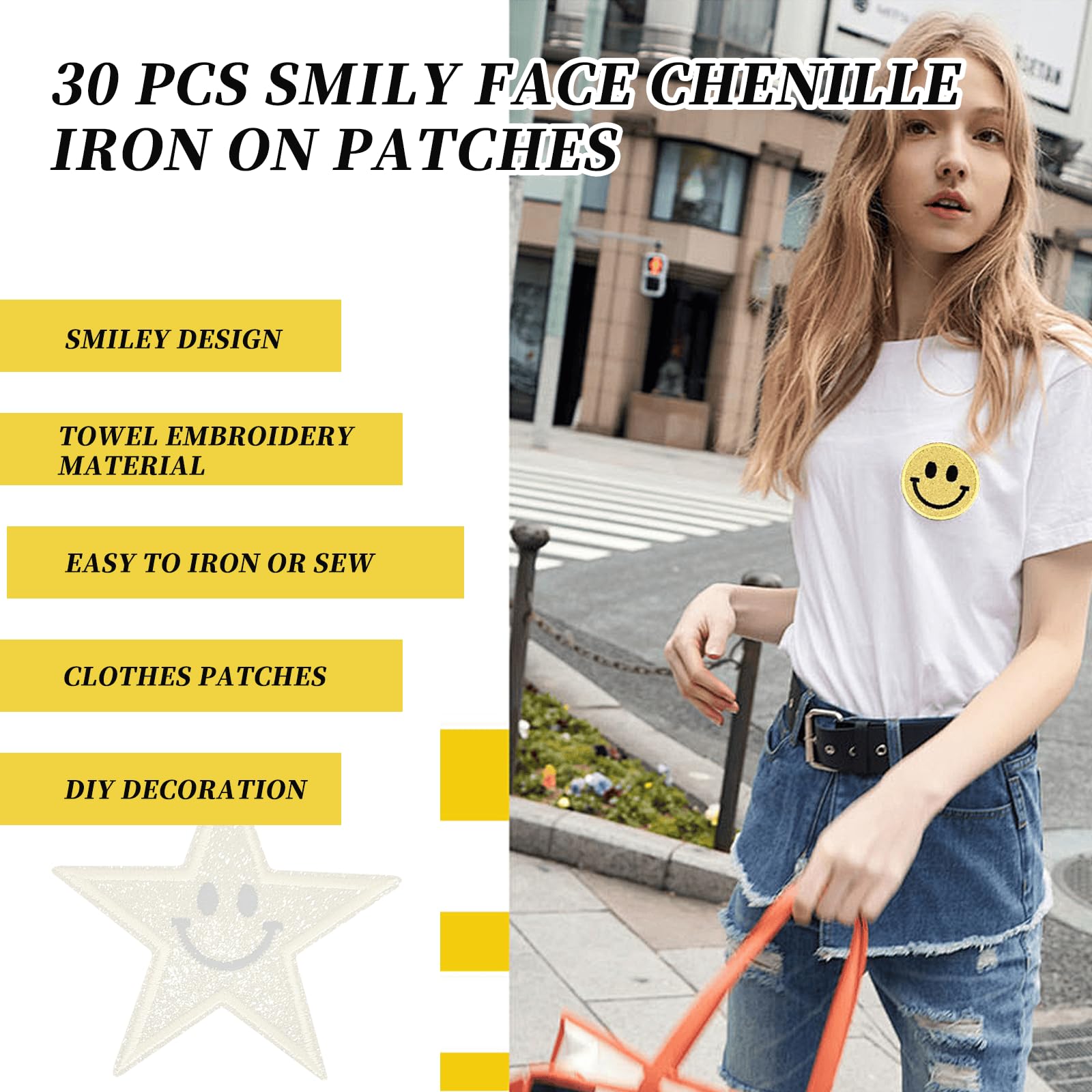 30 parches redondos de chenilla con cara sonriente de lentejuelas, bonitos parches termoadhesivos para una amplia gama de proyectos de ropa de tela