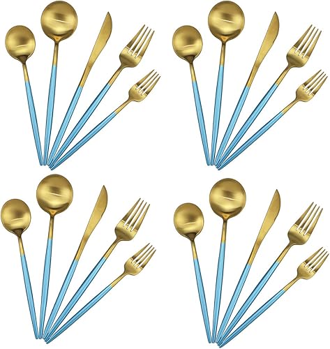 Miniatura 19 de Gugrida Juego de cubiertos de acero inoxidable 18/10 de 20 piezas, cubertería plateada, juego de vajilla de lujo, cubertería de mesa para viajes que