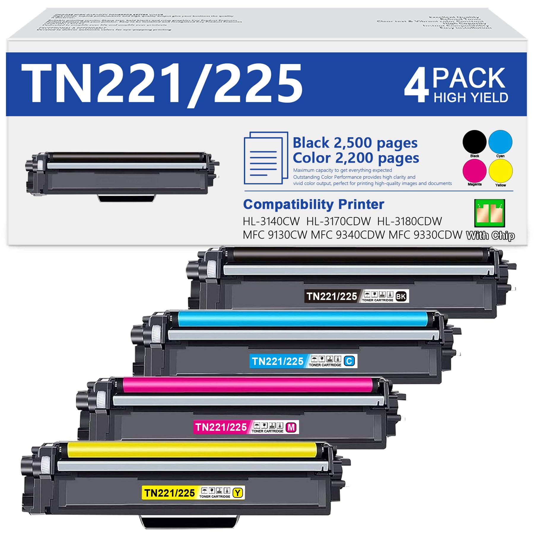 TN221 TN-225 Toner Cartridge High Yield 4 Pack: Replacement for Brother TN221 TN225 Toner to Use with HL-3140CW 3170CDW 3180CDW MFC-9130CW 9330CDW