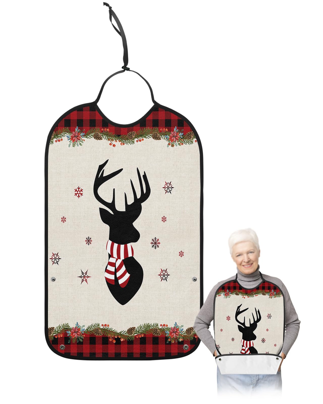Christmas Elk Adult Bibs for Eating, Waterproof Bibs with Food Catcher & Adjustable Snap Closure, Winter Snowflake Red Black Checkered Washable Clothing Protectors Adult Bibs for Elderly Women/Men