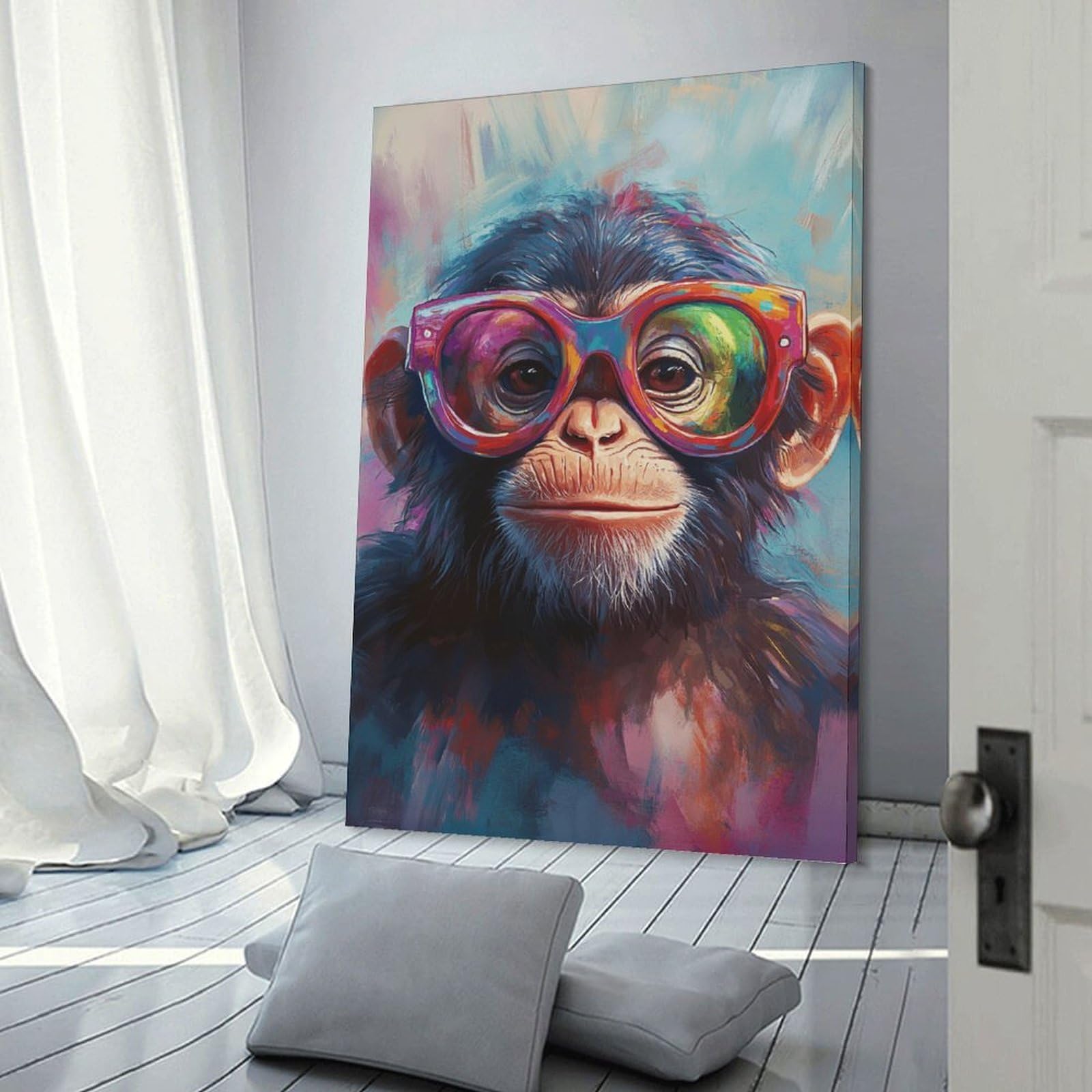 Junmoney Frame-Style-16 Colorful Chimpanzee Art Print Home Decor Wall Art 08X12inch(20X30cm), For Bedroom, Guest Room Or Reading Nook, Decorative Wall Art For Cosy Rooms