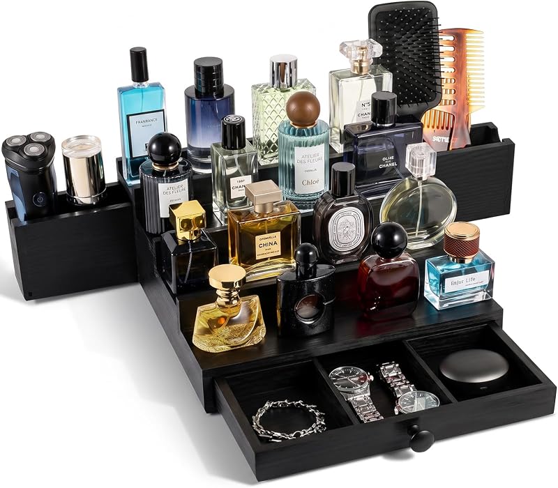 Organizador de perfumes Sino Salected com 4 níveis, madeira de pinho preta e gavetas laterais