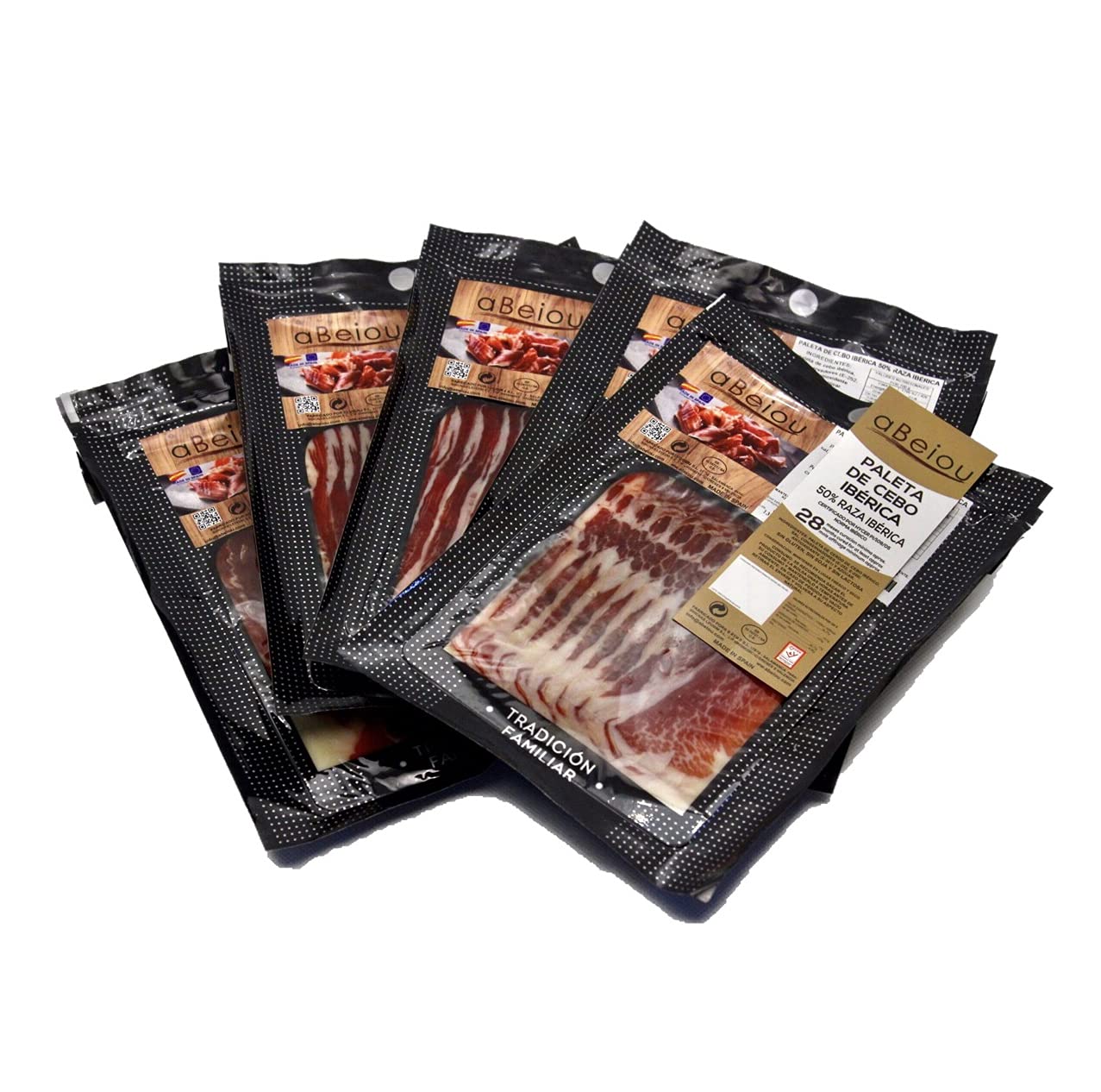 Paleta Ibérica de Cebo Loncheado 50% Raza Ibérica 500 g (5×100 g) — Curación +28 Meses — Cert. Hycer — Guijuelo Salamanca — aBeiou