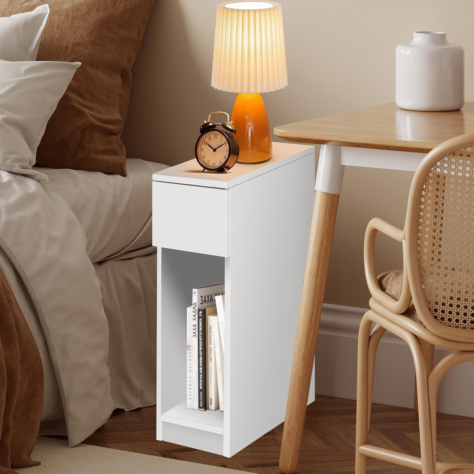 AUTOFU Narrow Side Table with Open Shelf & Drawer, 2 Tier End Table, Small Nightstand, Telephone Table for Small Spaces, for Living Room, Bedroom, Sofa, 55 x 20 x 60 cm, White