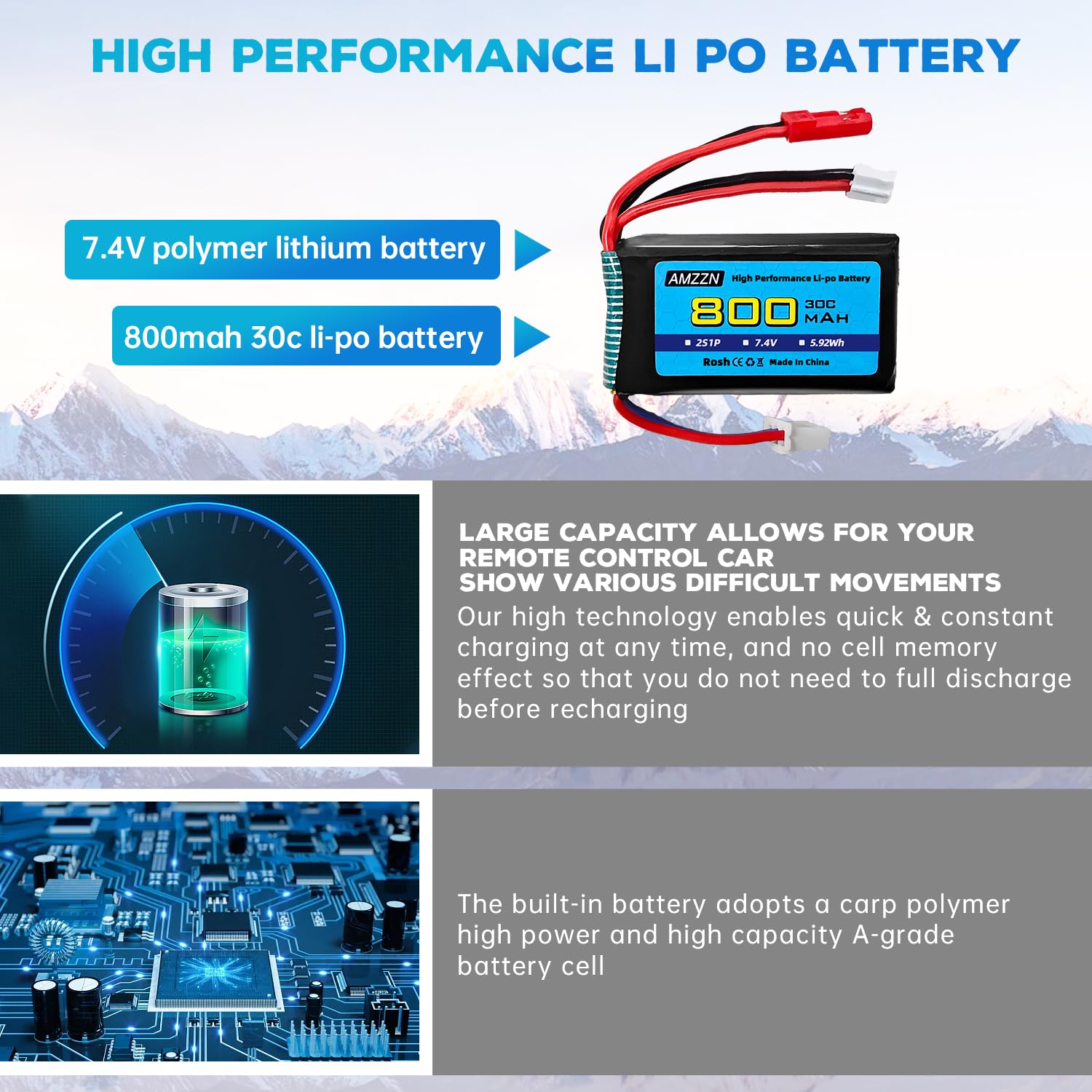 2PCS 7.4V 2S 30C 800mAh Lipo batteria JST spina e spina PH2.0 con caricabatterie 2-in-1 adatto per veicoli SCX24 RC, compatibile con la maggior parte dei camion RC e droni telecomandati