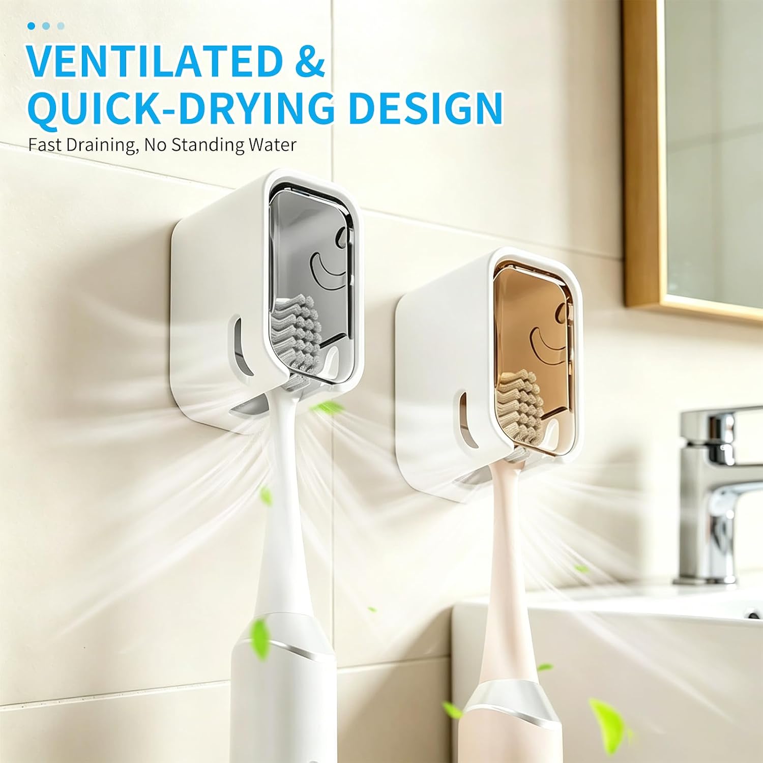 Toothbrush Holders for Bathroom 2 Pack, Drill-Free Dustproof Cover