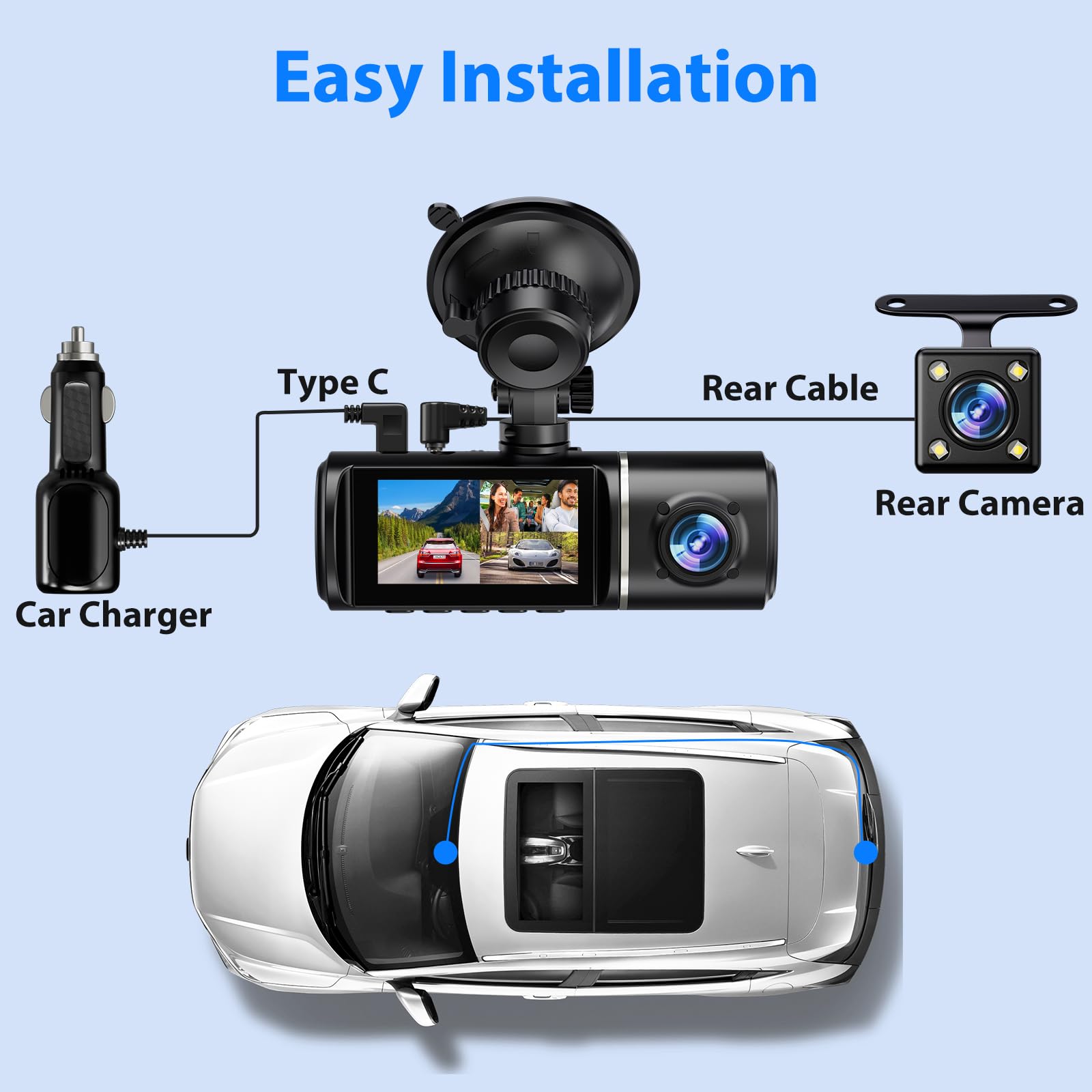 Dash Cam Front and Rear, 1296P Dash Camera for Cars, 3 Channel Car Camera Front Rear and Inside with 32GB Card, Loop Recording, Night Vision, HDR view 7