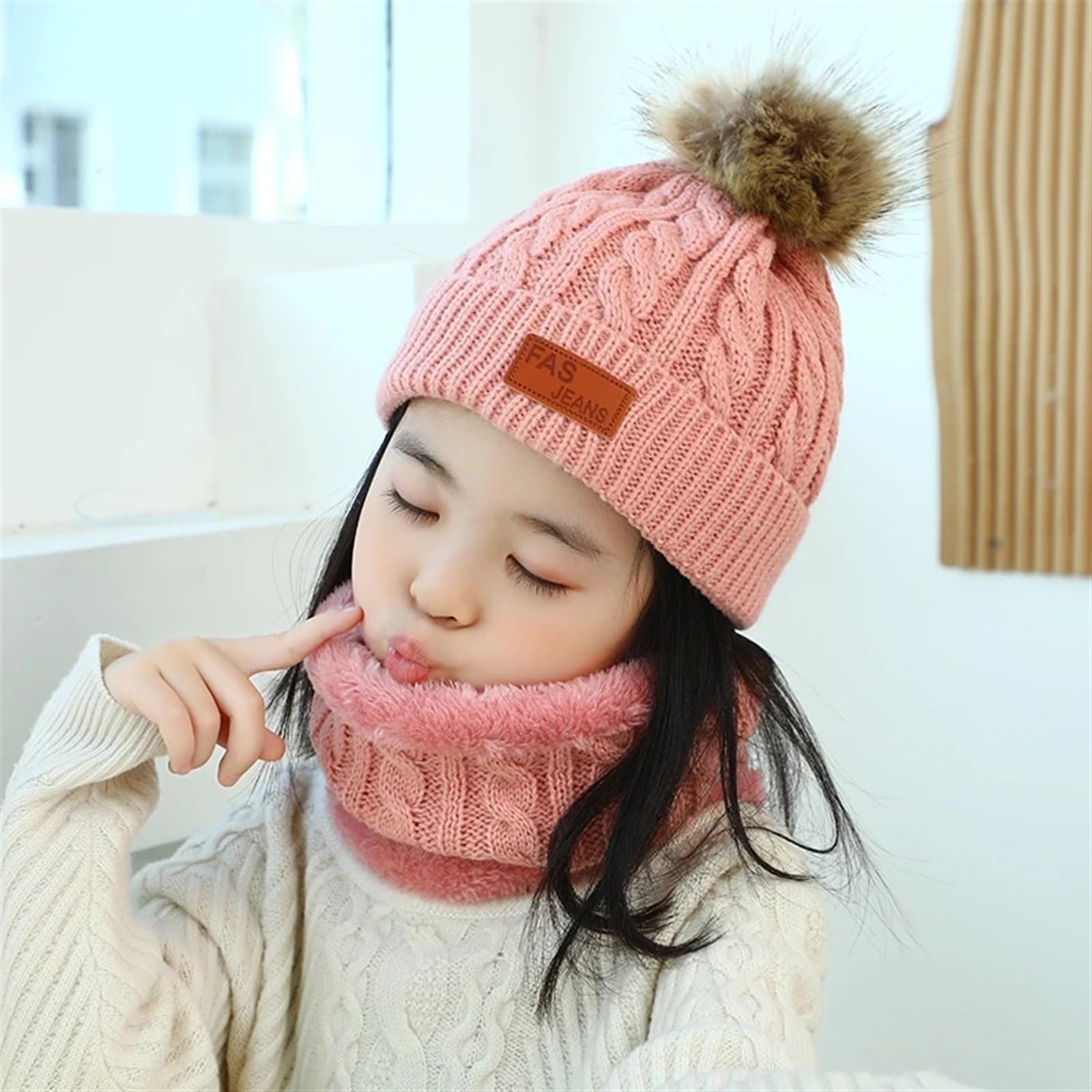 Conjunto de 3 uds. De Gorro de Invierno for bebé, Gorro con pompón for niño, Gorro Tejido Bonito y cálido, Bufanda, Guantes, Traje for niña y niño, Gorro Infantil Informal(Pink Suit)