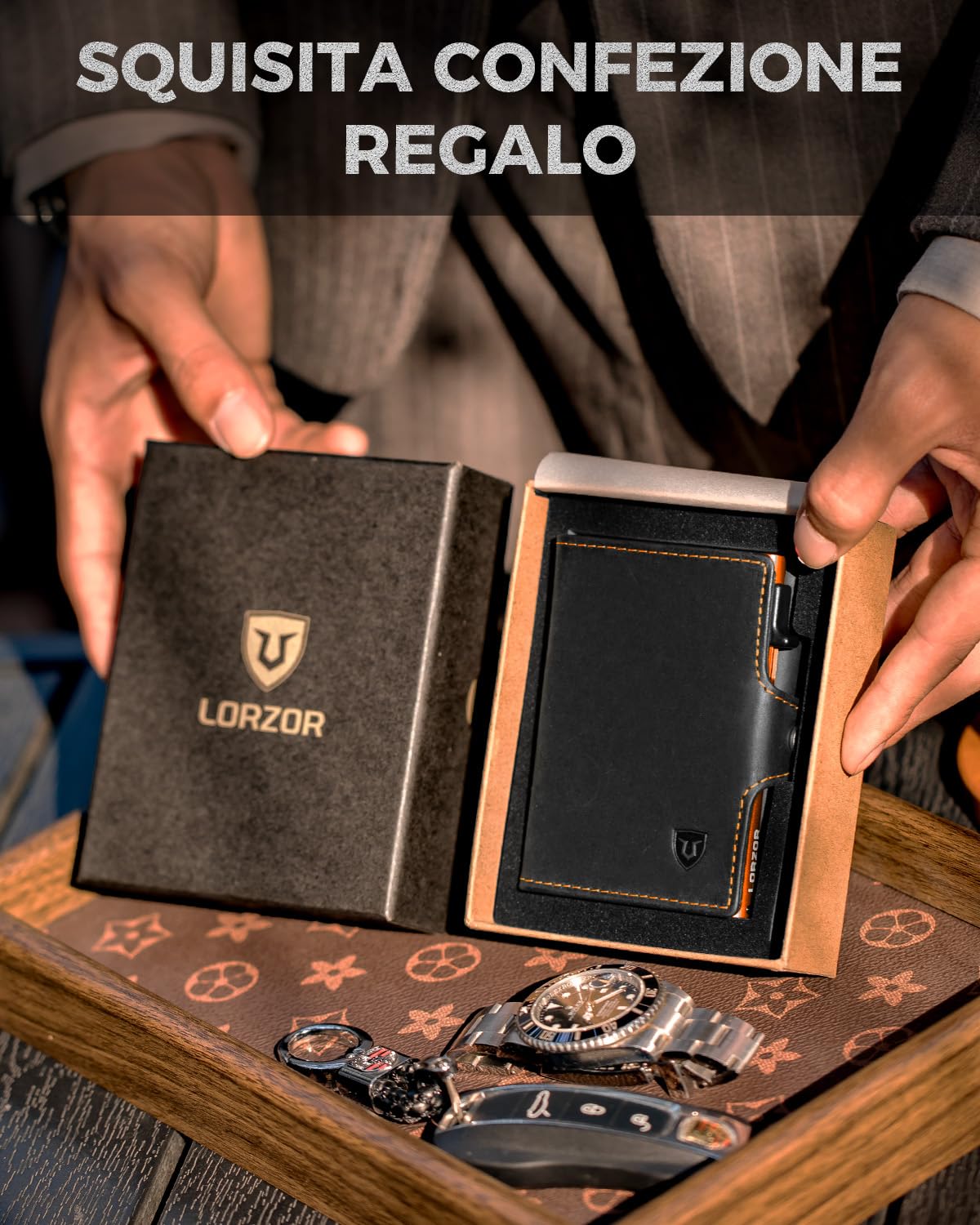 LORZOR Portafoglio Uomo Pelle, Porta Carte di Credito con Protezione RFID & Portamonete, Porta Tessere Tascabile, Portacarte Uomo Pop-up Contenere 10 Carte,con Scomparto per Contanti