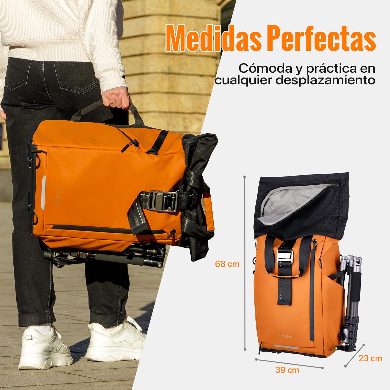 Mochila para Cámara Rollei Fotoliner Ocean Rolltop Gran Mochila Fotográfica Impermeable con Compartimento para Laptop Mochilas Camaras Fotos para Cámara DSLR 20L Naranja Cámara-Camara-Mochilas-Rolltop