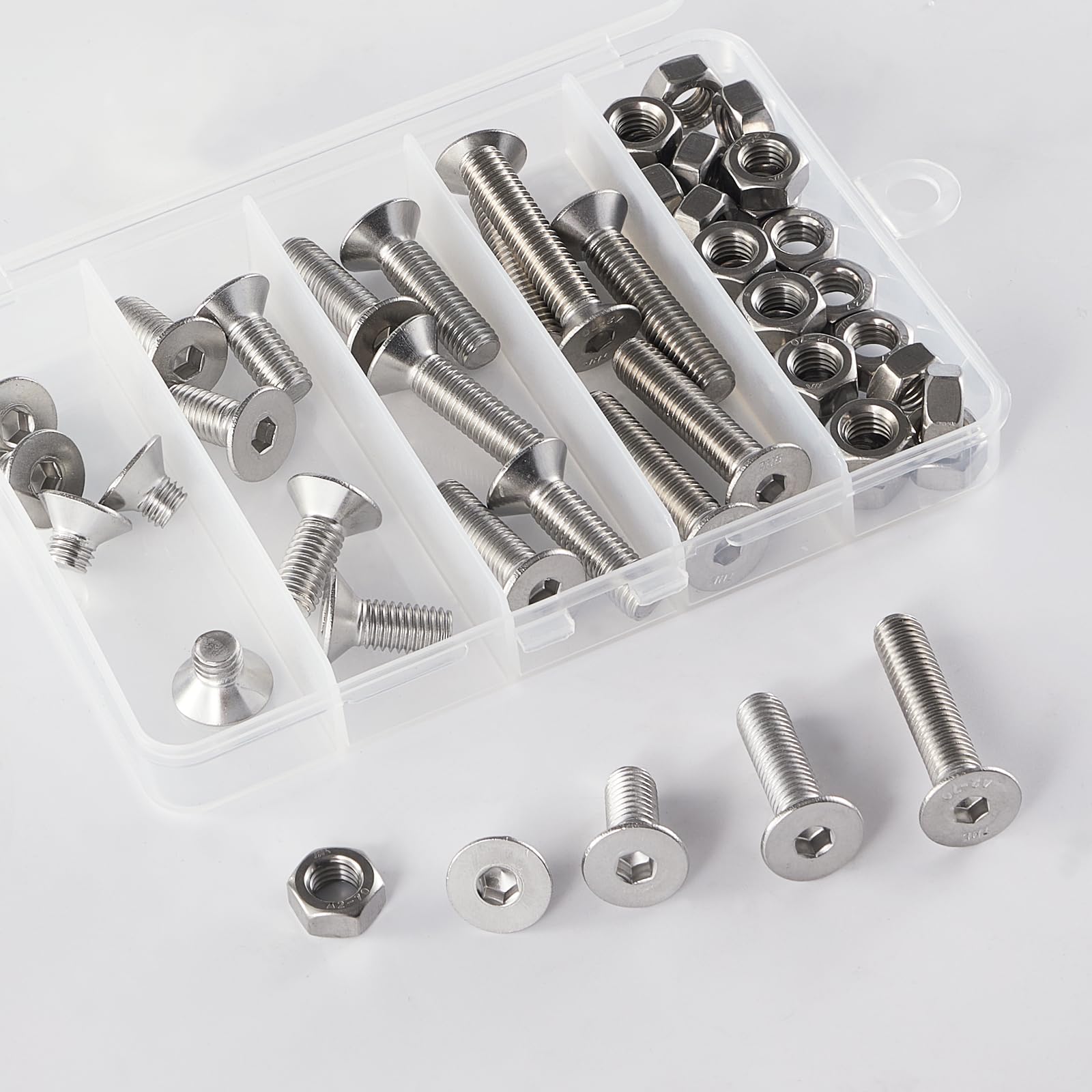 M8 x 10 mm, 20 mm, 30 mm, 40 mm, testa piatta, viti a testa esagonale, bulloni e dadi, in acciaio inox 304, finitura lucida, filettatura completa, kit assortito da 48 pezzi