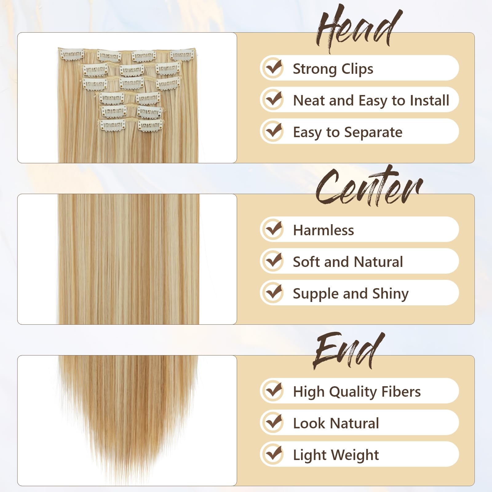 Benehair 24" Clip in Hair Extensions Full Head 6 Pcs 16 Clips Long Straight Hair Extensions Clip in Synthetic Fiber Natural Extension Hairpiece for Women(Golden Blonde mix Light Blonde - Image 4