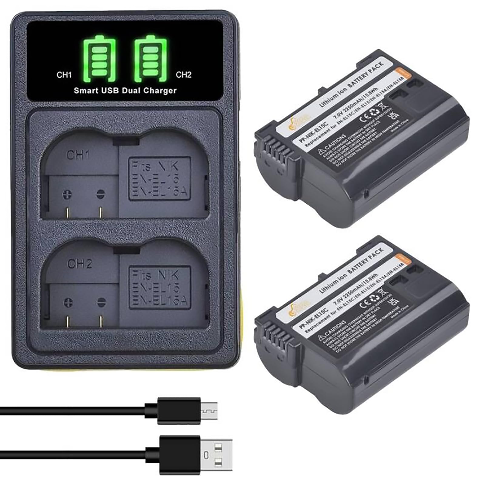 Pickle Power EN-EL15C EN-EL15B EN-EL15 Battery and LED Dual Charger for Nikon Z5 Z6 Z7 Z6II Z7II D780 D850 D7500 D500 D600 D610 D750 D800 D810 D7100 D7100 D77 200