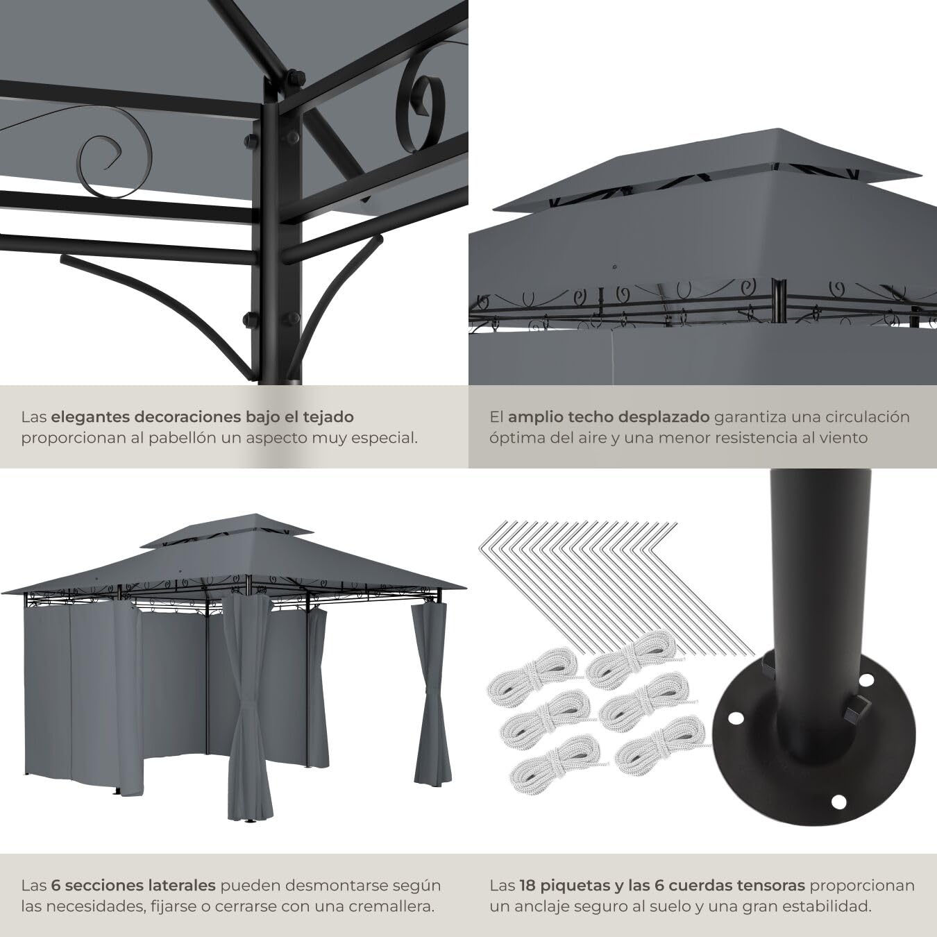 tectake® Carpa Pabellón, Cenador Jardín Exterior, Paneles Laterales, Cenadores para Jardin, Soporte Estable, Pergolas de Jardin, Carpas para Exteriores - 3x4 m Antracita