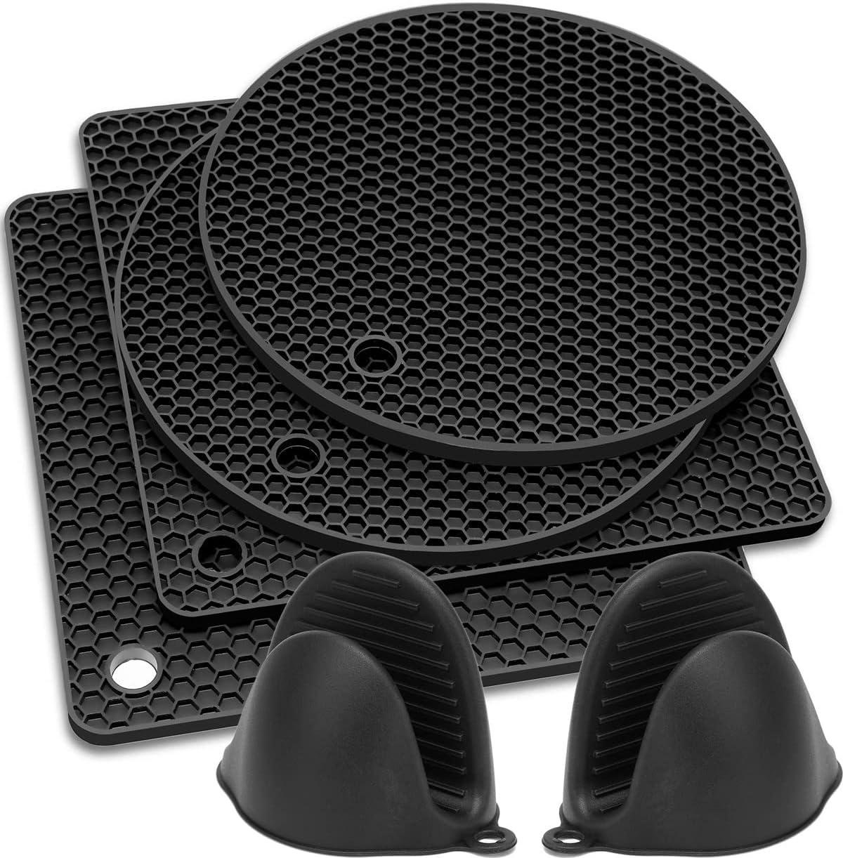 Silicone Trivet, 6pcs Extra Thick Table Mat with Premium Pot Holder, 18.5cm Heat Resistant Non-Slip Hot Pot Pads and Oven Mitt for Kitchen Cooking Dining Microwave, Square and Round, Gray (064-Black)