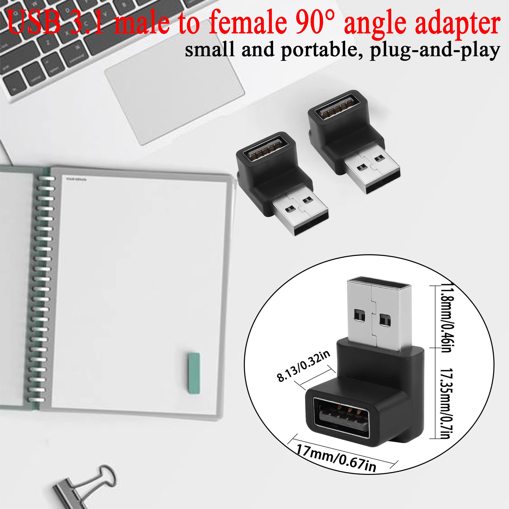 QIANRENON 2 adaptery kątowe USB 3.1 90°, 10 Gbps, USB 3.1, żeński na żeński, w kształcie litery L, łącznik kątowy, do ładowania 3 A, OTG, 2 sztuki (kolanko dodatnie / żeńskie puch)