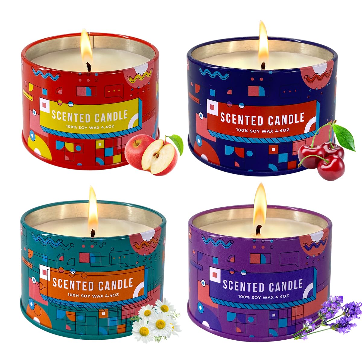 4 Pack Home Scented Candles - Strong Lavender, Apple, Red Cherries & Daisy Candle, 4.4 Oz, 100% Soy, Non-Toxic, Small Candle Set for Aromatherapy & Gifts
