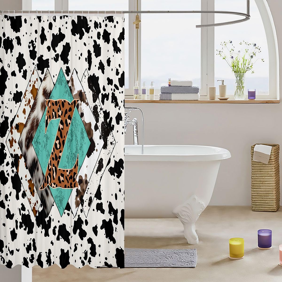 Rideau de douche lettre Z taille L léopard monogramme alphabet imprimé cuir de vache rideau de bain pour adultes style cowboy occidental rideau de bain imperméable avec 12 crochets pour baignoire