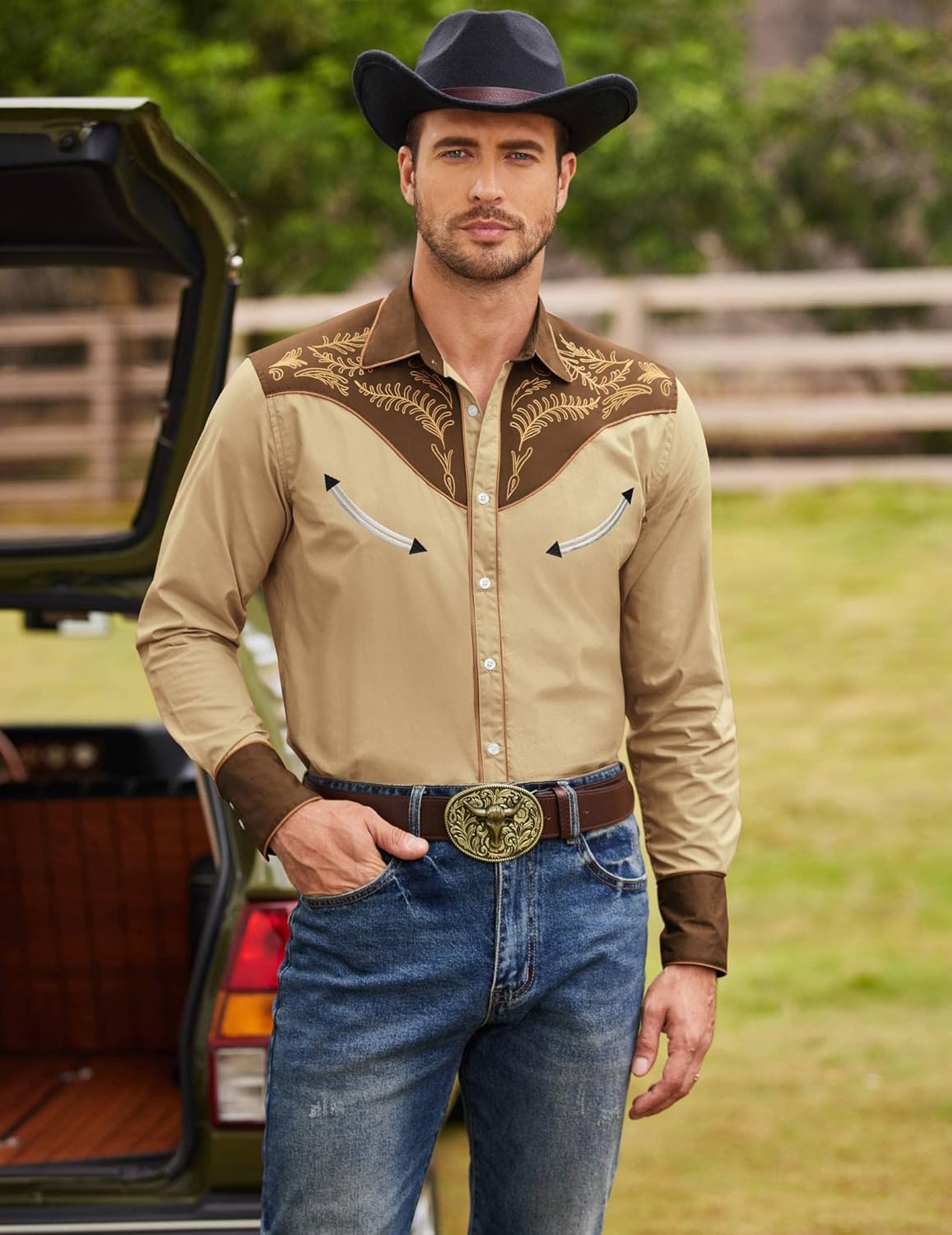 COOFANDY Men's Western Cowboy Shirt Embroidered Button Down Long Sleeve Shirts - Image 3