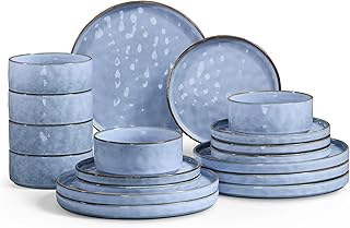 Onader 18-Piece Stoneware Dinner Service Set, Cereal Bowls, Dinner Plates and Dessert Plates Set for 6 People, Dishwasher Safe and Anti-Scratch - Serenity Blue