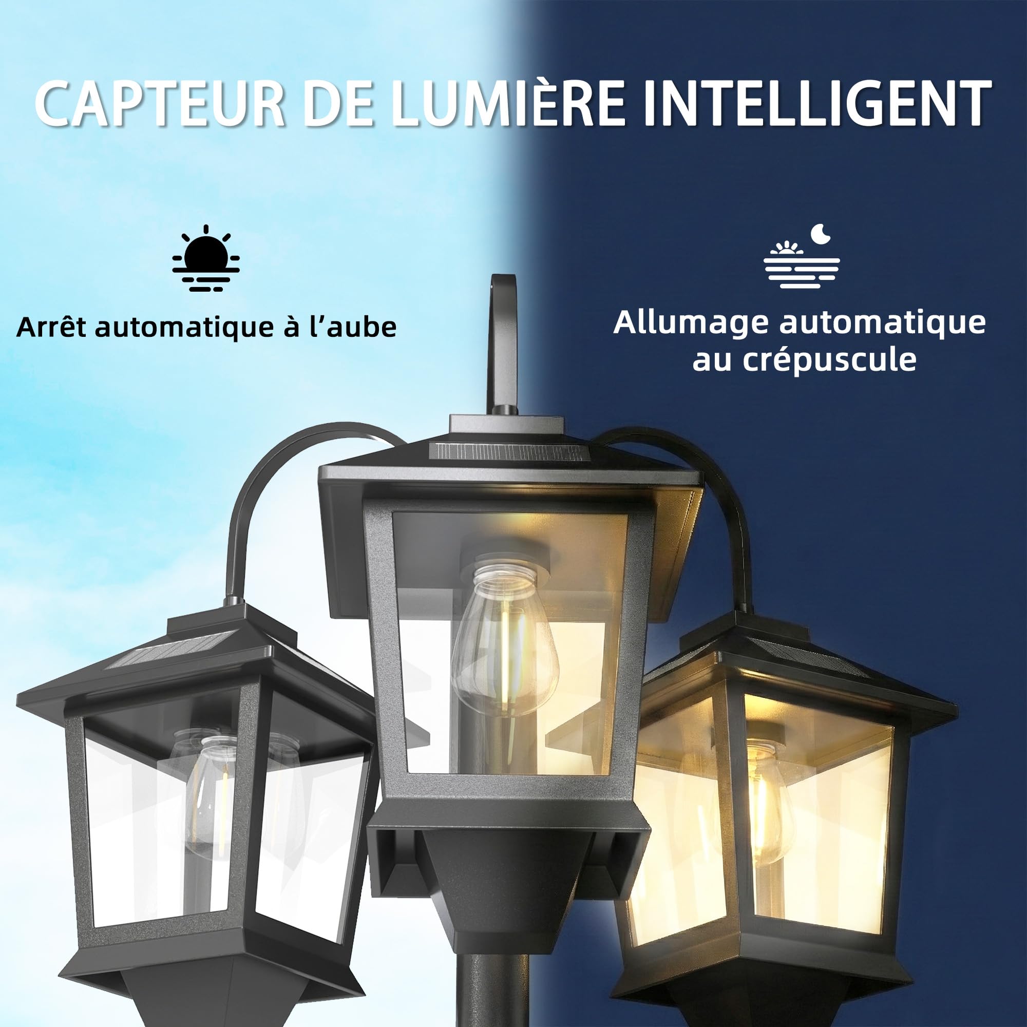 Outsunny Lampadaire extérieur sur pied à 3 têtes LED IP44 188 cm Noir