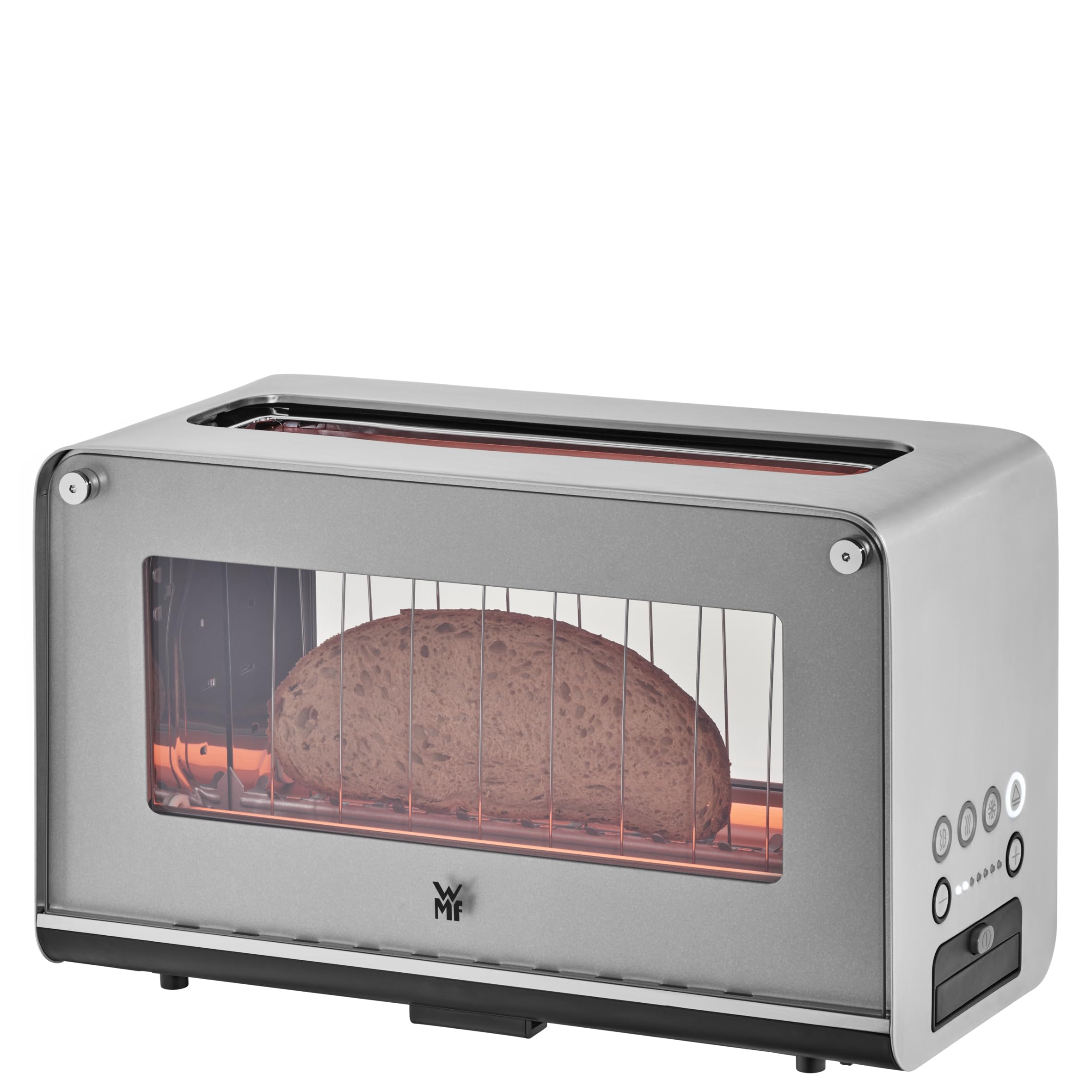 WMF Lono - Tostapane in vetro con inserto per panini, per 2 fette, misura XXL, funzione riscaldamento, 7 livelli doratura, acciaio INOX opaco