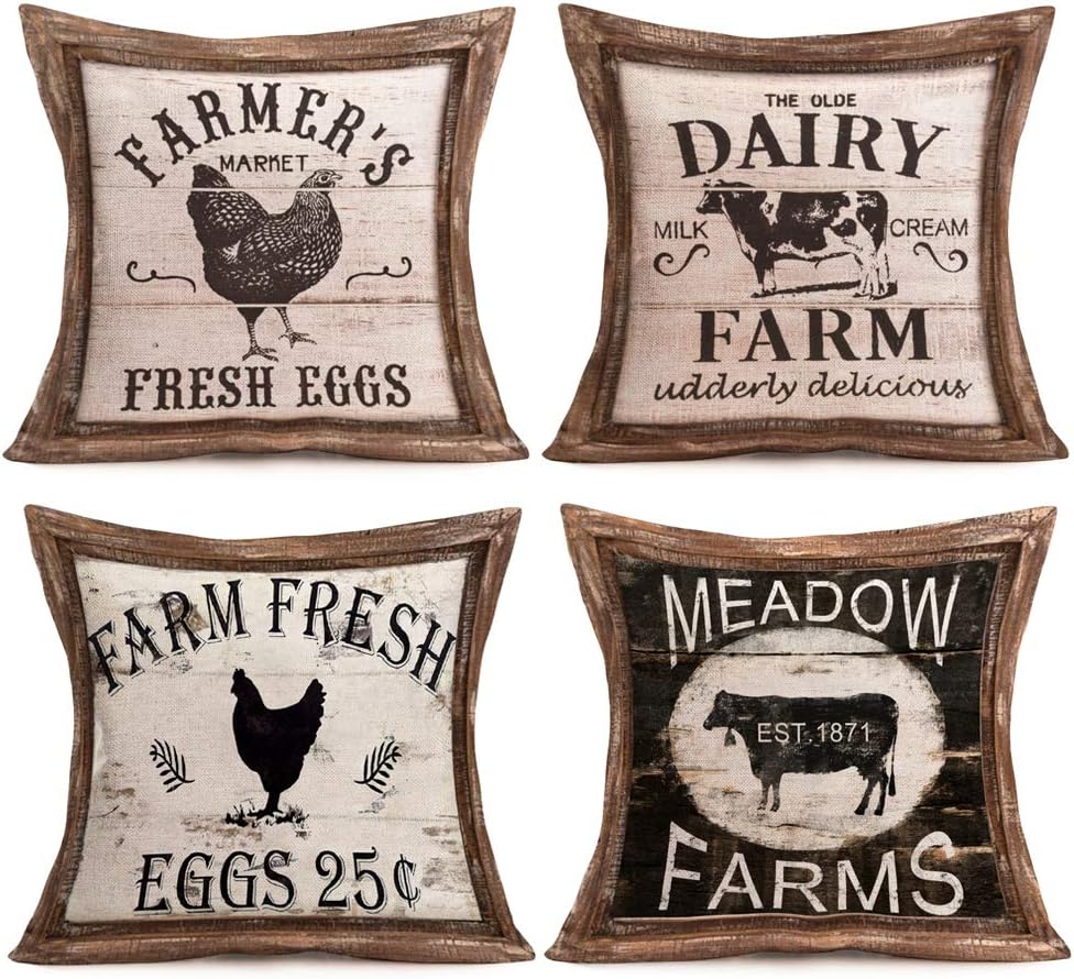 Farmhouse Decorative Throw Pillow Covers Rustic Poultry Animal Quote with Retro Wood Cushion Decor Pillowcase Farm Fresh Rooster Eggs Dairy Cow Cotton Linen Cushion Cover Set of 4,18โโx18''